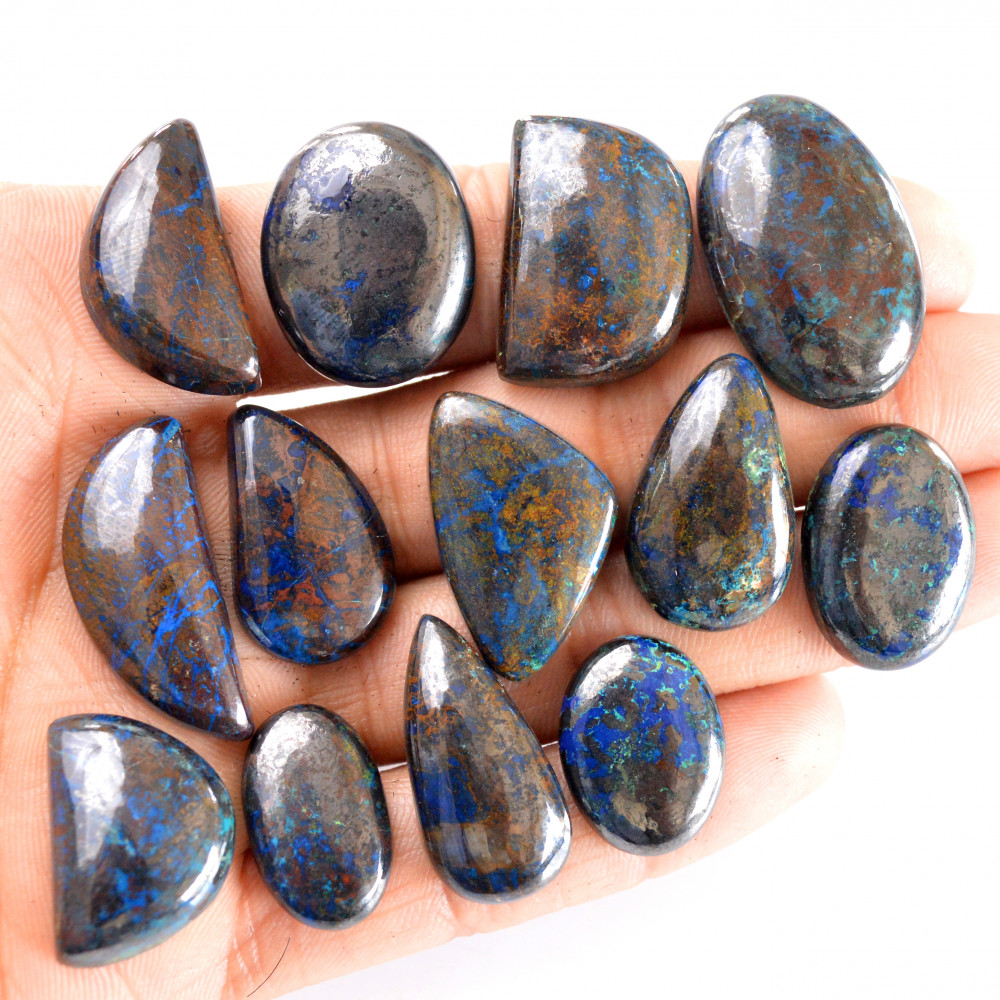 Image of 13 Pcs 374 Cts Natural Azurite Cabochon Back Unpolished Gemstone Wholesale Lot Size 20x15-31x20mm  #14235