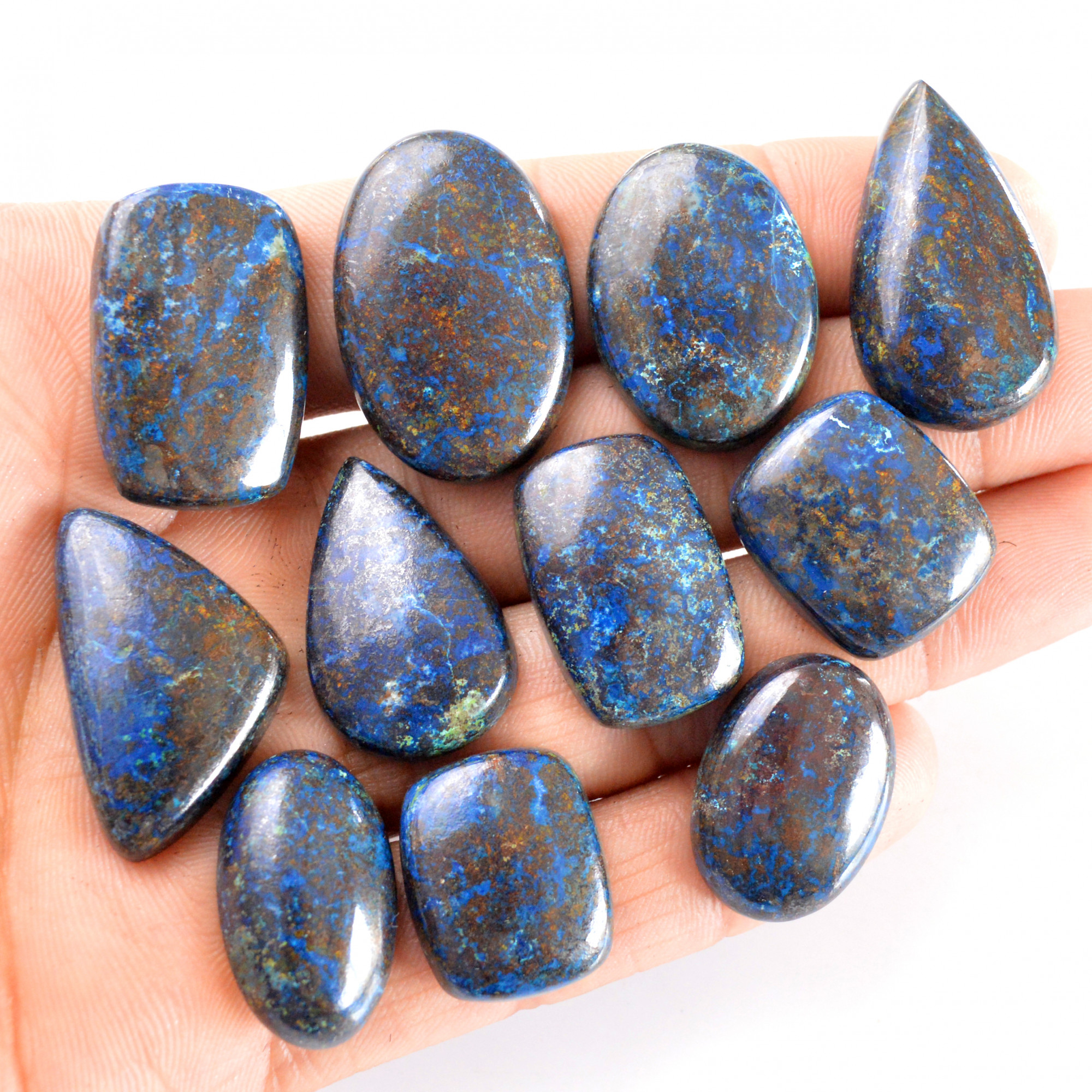 11 Pcs 334 Cts Natural Azurite Cabochon Back Unpolished Gemstone Wholesale Lot Size 20x16-30x20mm R-14236