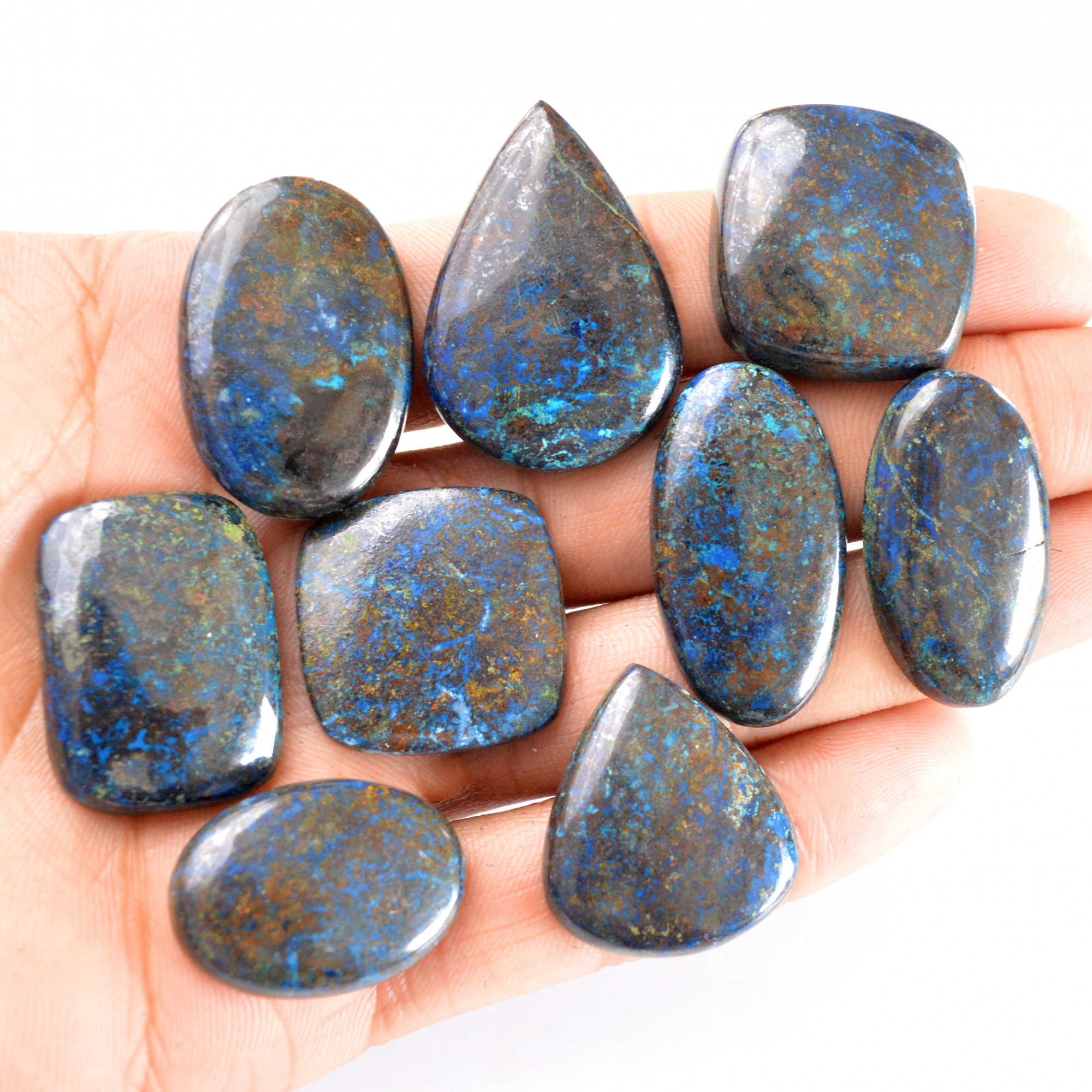 9 Pcs 373 Cts Natural Azurite Cabochon Back Unpolished Gemstone Wholesale Lot Size 26x19-35x25mm R-14237