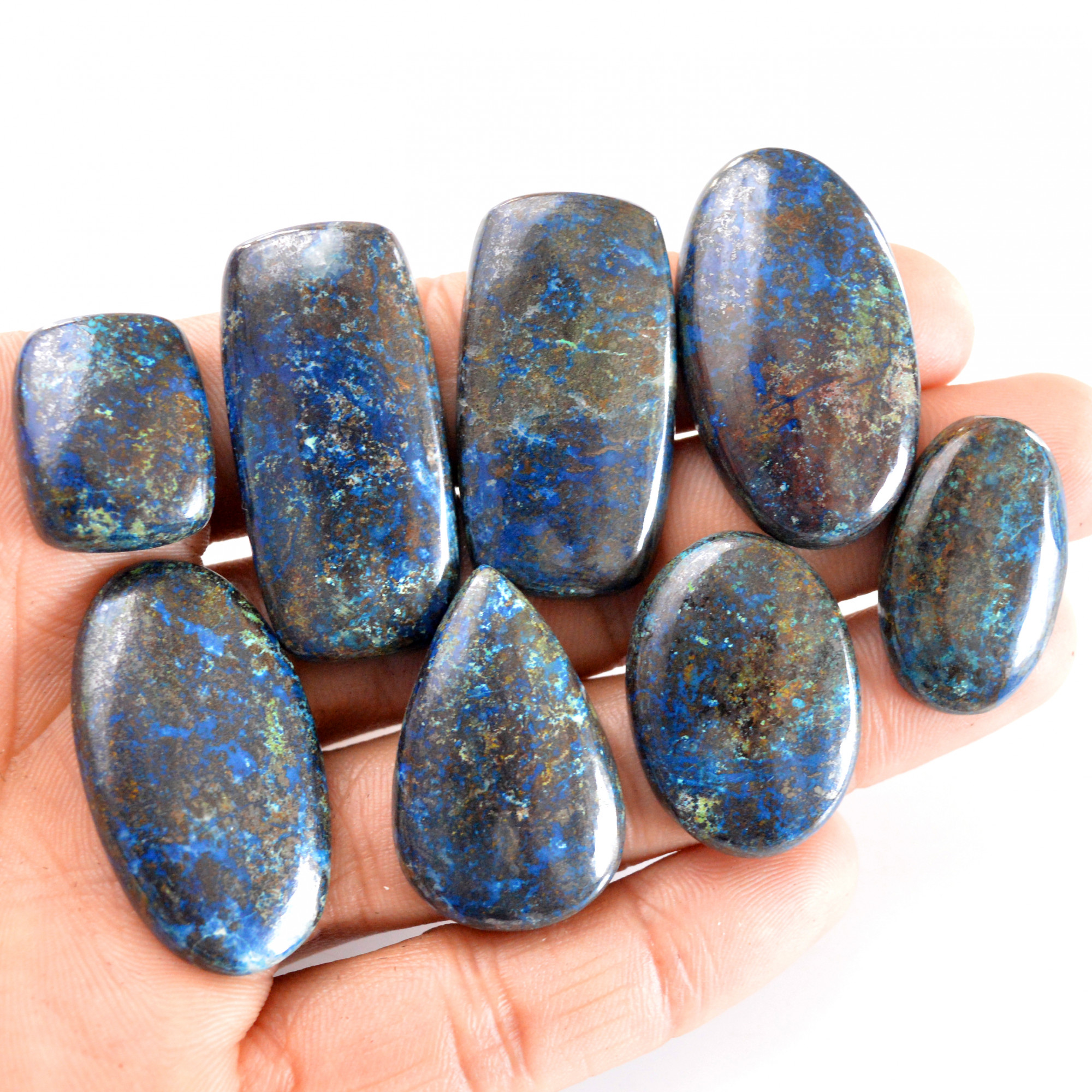 8 Pcs 319 Cts Natural Azurite Cabochon Back Unpolished Gemstone Wholesale Lot Size 20x16-38x18mm 14238