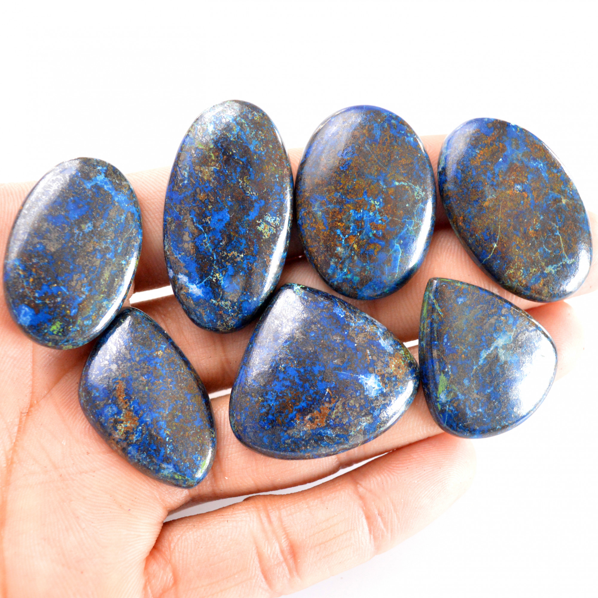 7 Pcs 321 Cts Natural Azurite Cabochon Back Unpolished Gemstone Wholesale Lot Size 32x19-39x21mm R-14239