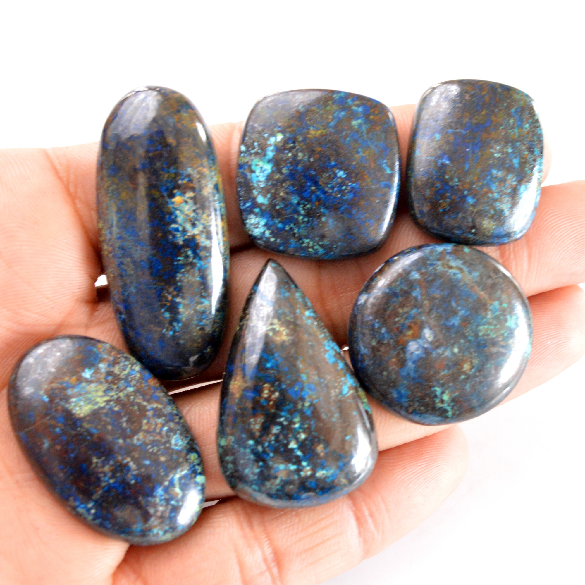 6 Pcs 337 Cts Natural Azurite Cabochon Back Unpolished Gemstone Wholesale Lot Size 25x20-45x19mm 14240
