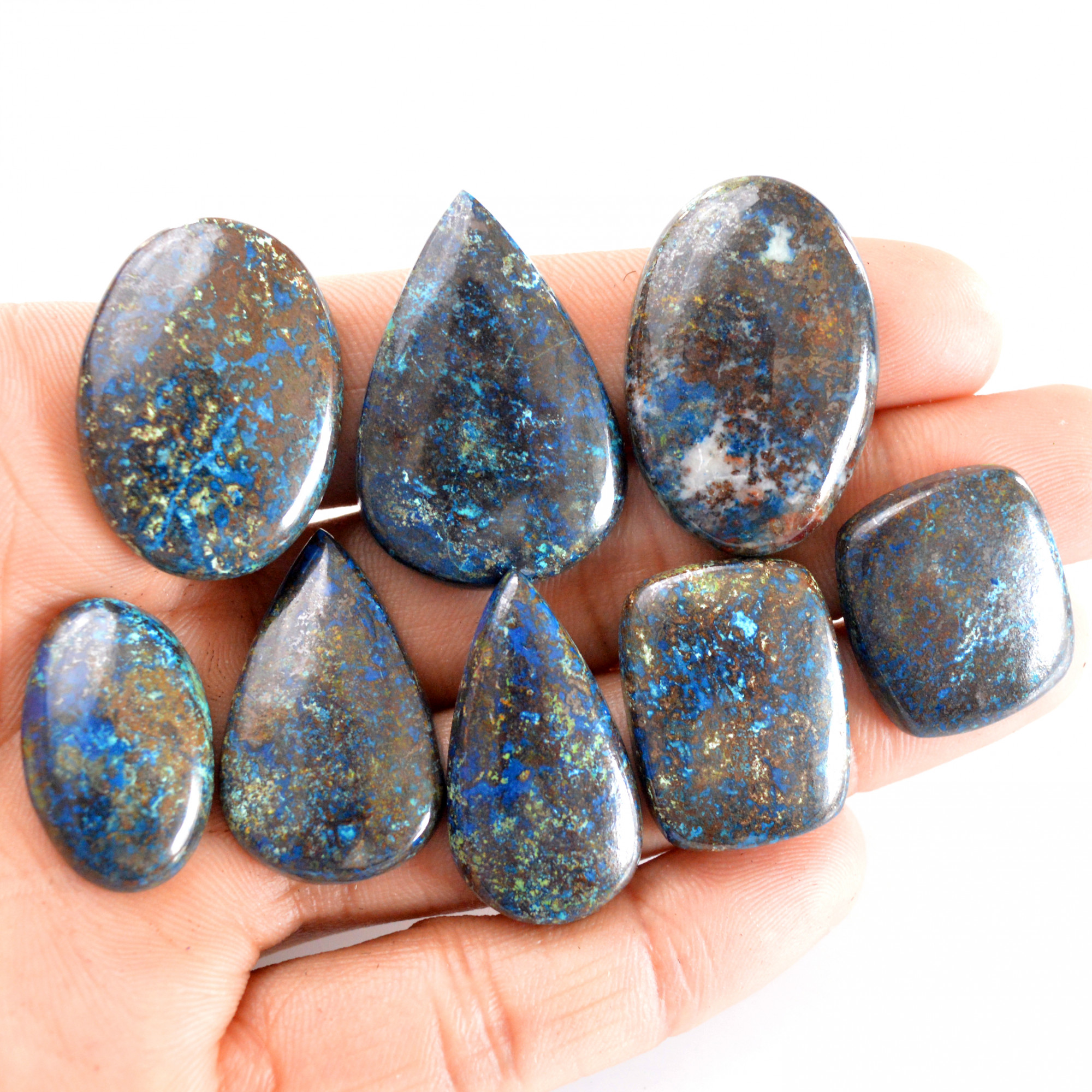 8 Pcs 260 Cts Natural Azurite Cabochon Back Unpolished Gemstone Wholesale Lot Size 25x15-34x23mm R-14241
