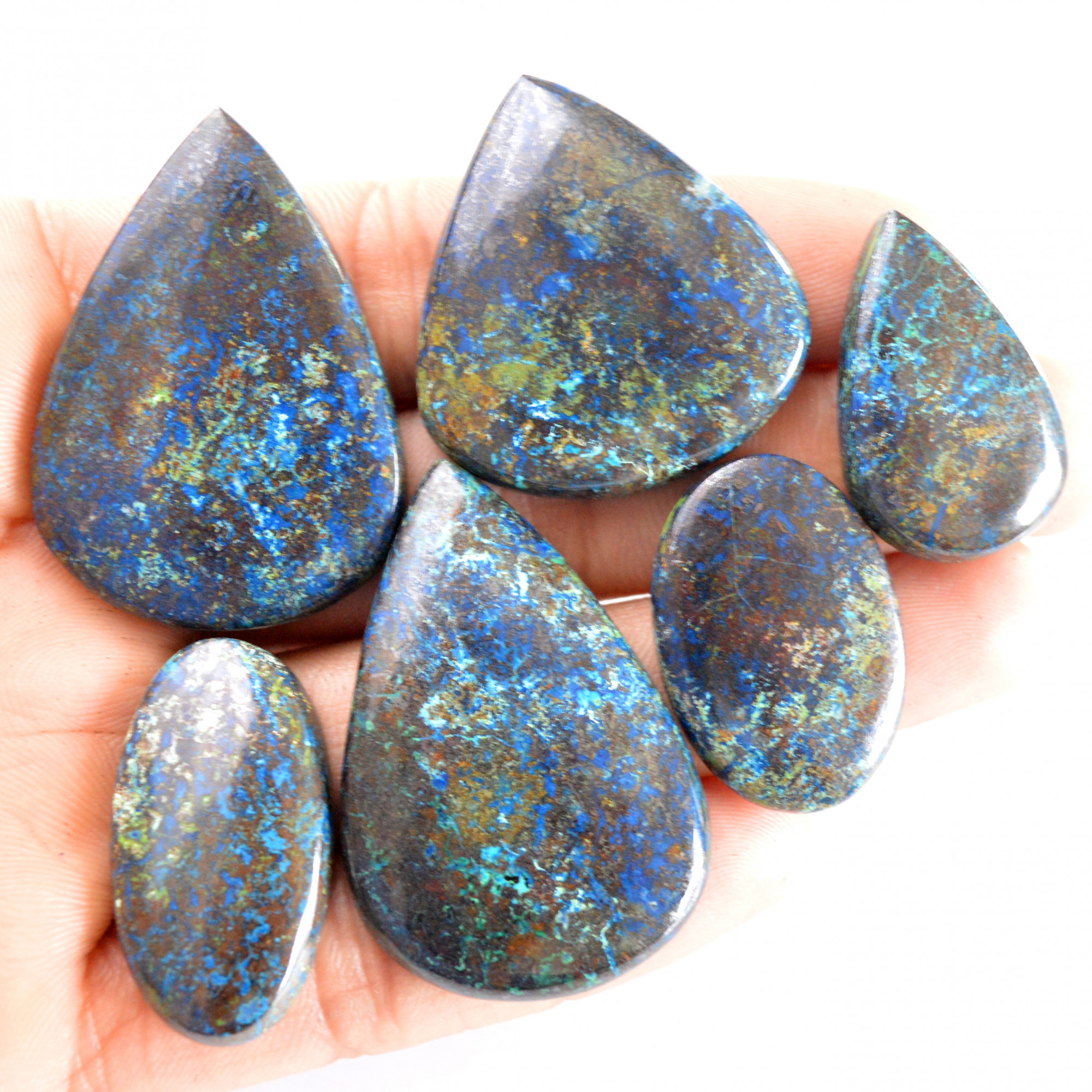 6 Pcs 278 Cts Natural Azurite Cabochon Back Unpolished Gemstone Wholesale Lot Size 29x20-45x29mm 14242