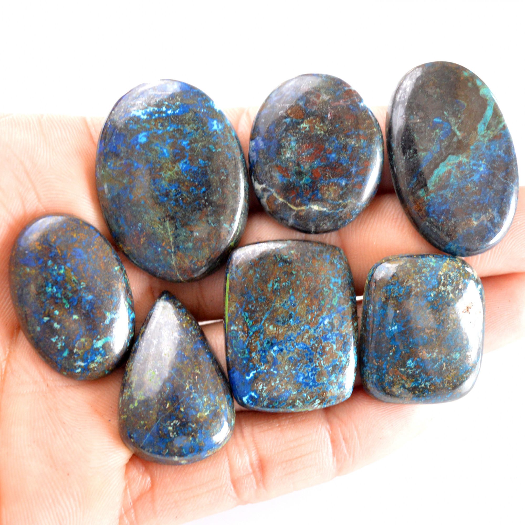 7 Pcs 337 Cts Natural Azurite Cabochon Back Unpolished Gemstone Wholesale Lot Size 31x20-36x27mm 14243