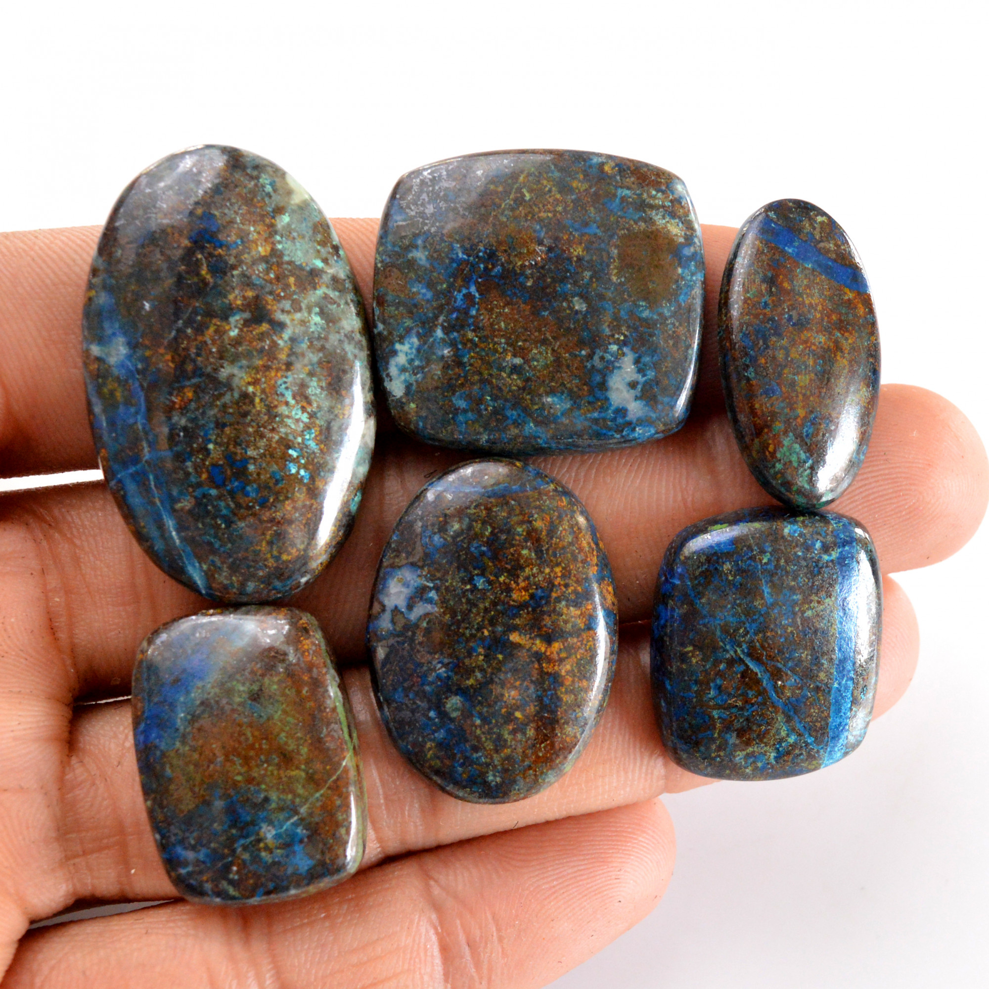 6 Pcs 205 Cts Natural Azurite Cabochon Back Unpolished Gemstone Wholesale Lot Size 26x14-37x23mm R- 14244