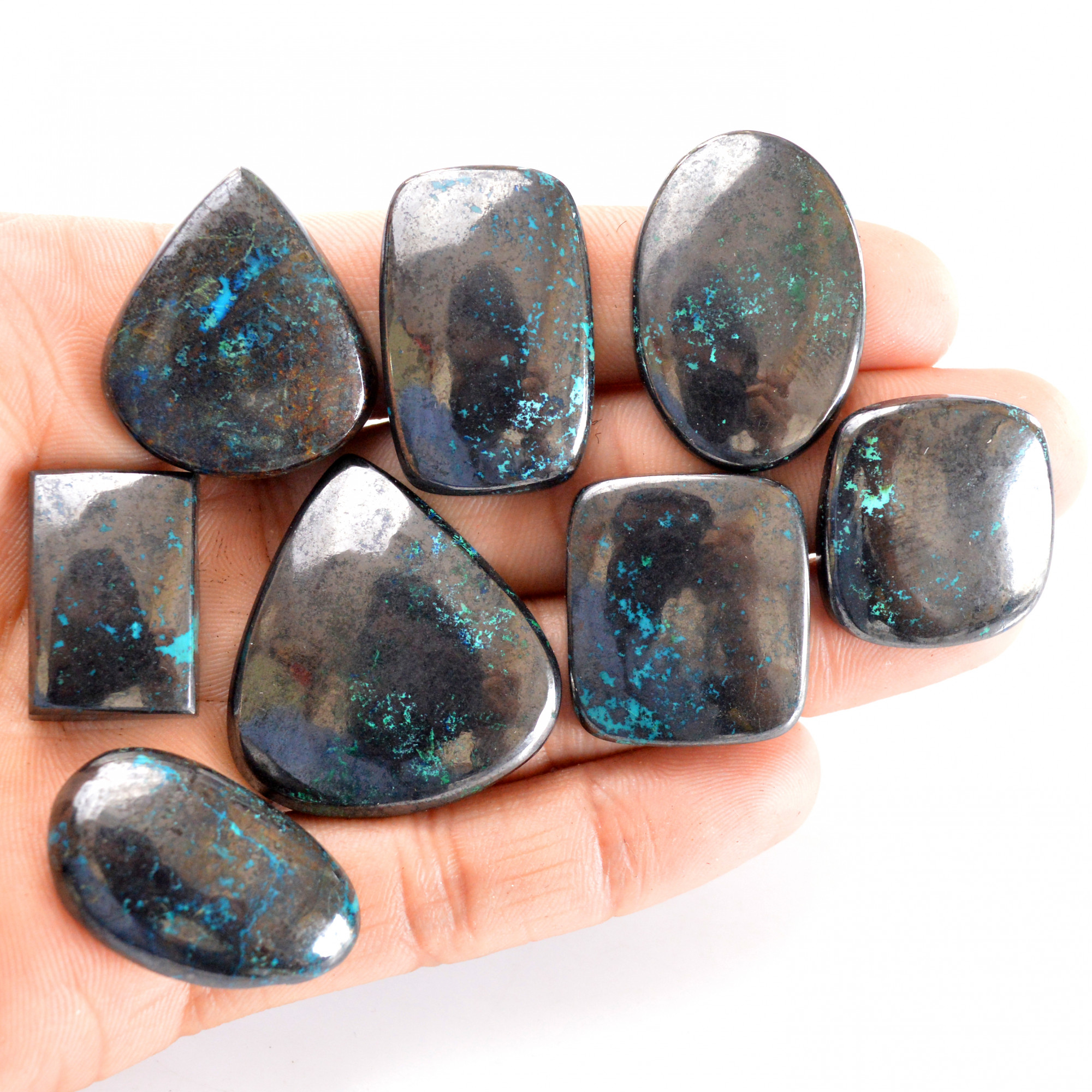8 Pcs 454 Cts Natural Azurite Cabochon Back Unpolished Gemstone Wholesale Lot Size 29x18-35x32mm 14245