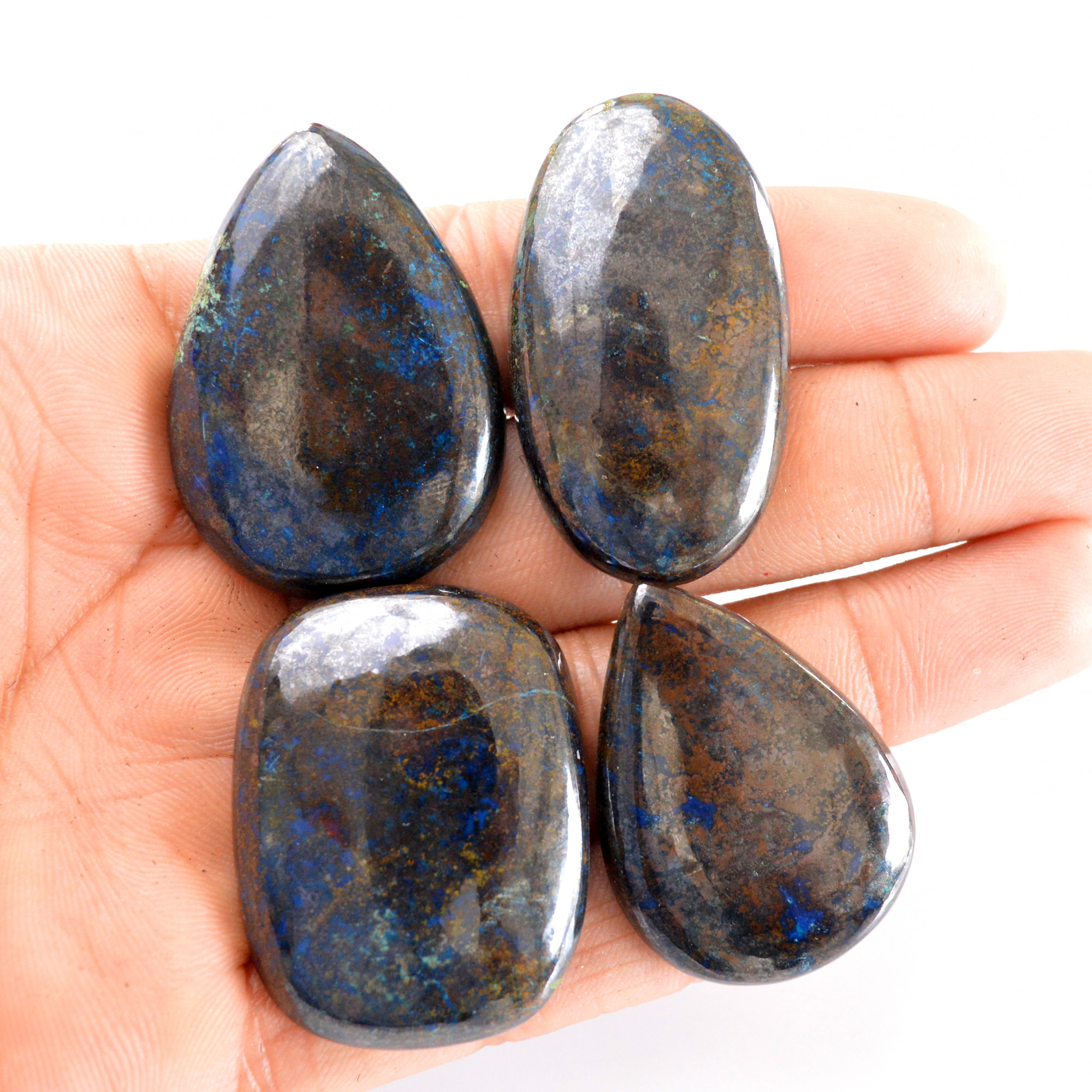 4 Pcs 381 Cts Natural Azurite Cabochon Back Unpolished Gemstone Wholesale Lot Size 37x26-43x23mm R- 14246