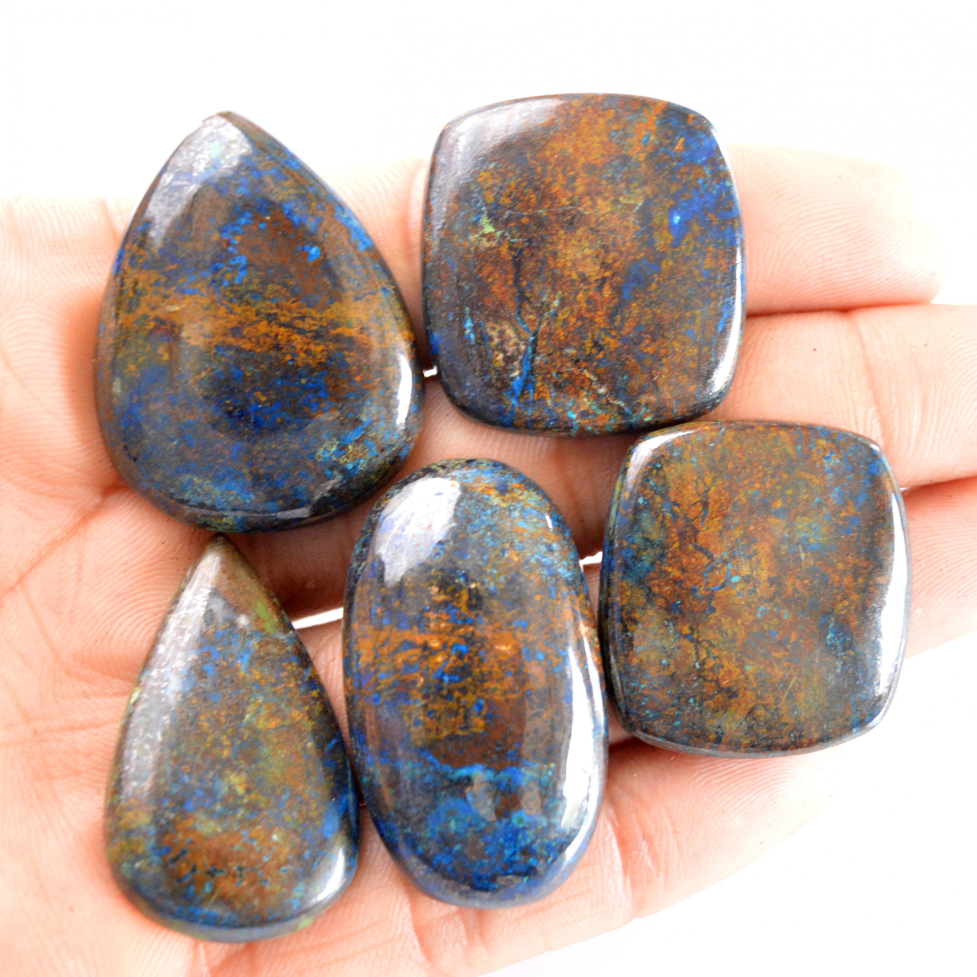 5 Pcs 317 Cts Natural Azurite Cabochon Back Unpolished Gemstone Wholesale Lot Size 30x27-38x22mm R-14247
