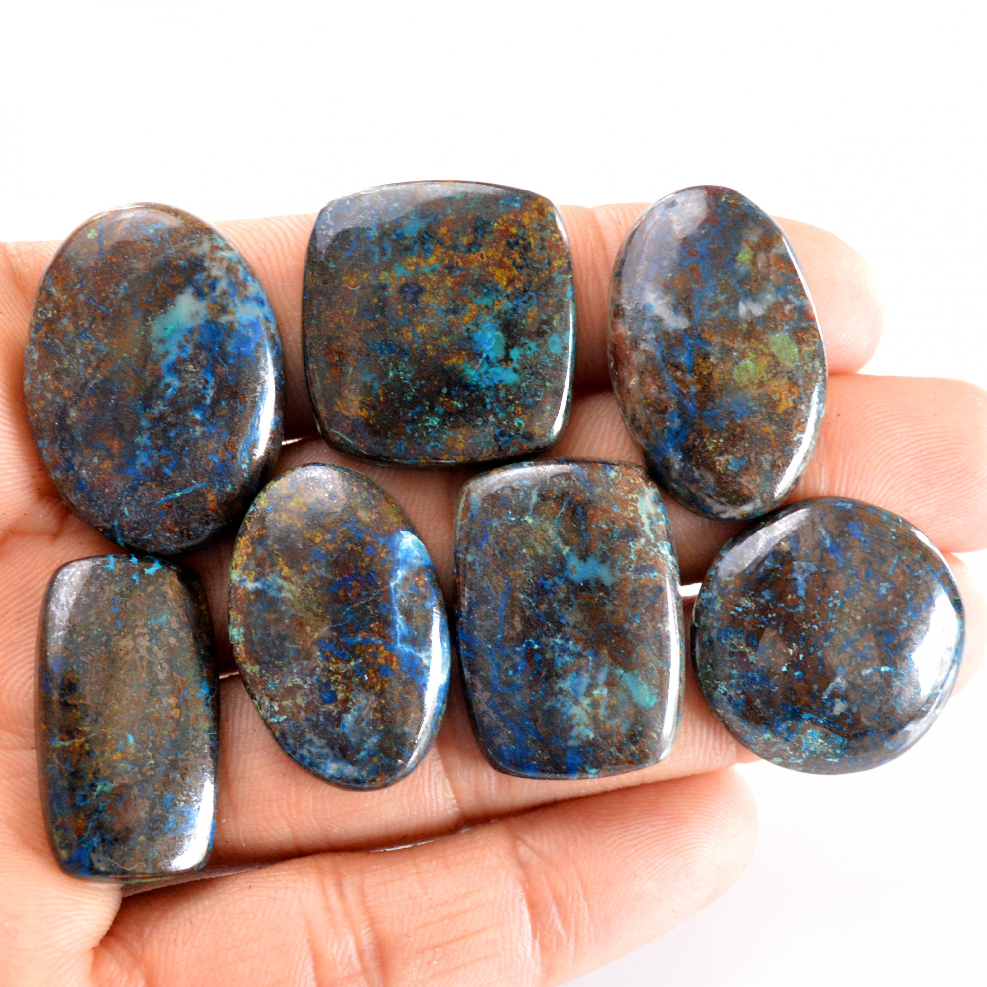 7 Pcs 230 Cts Natural Azurite Cabochon Back Unpolished Gemstone Wholesale Lot Size 24x24-30x22mm R-14248
