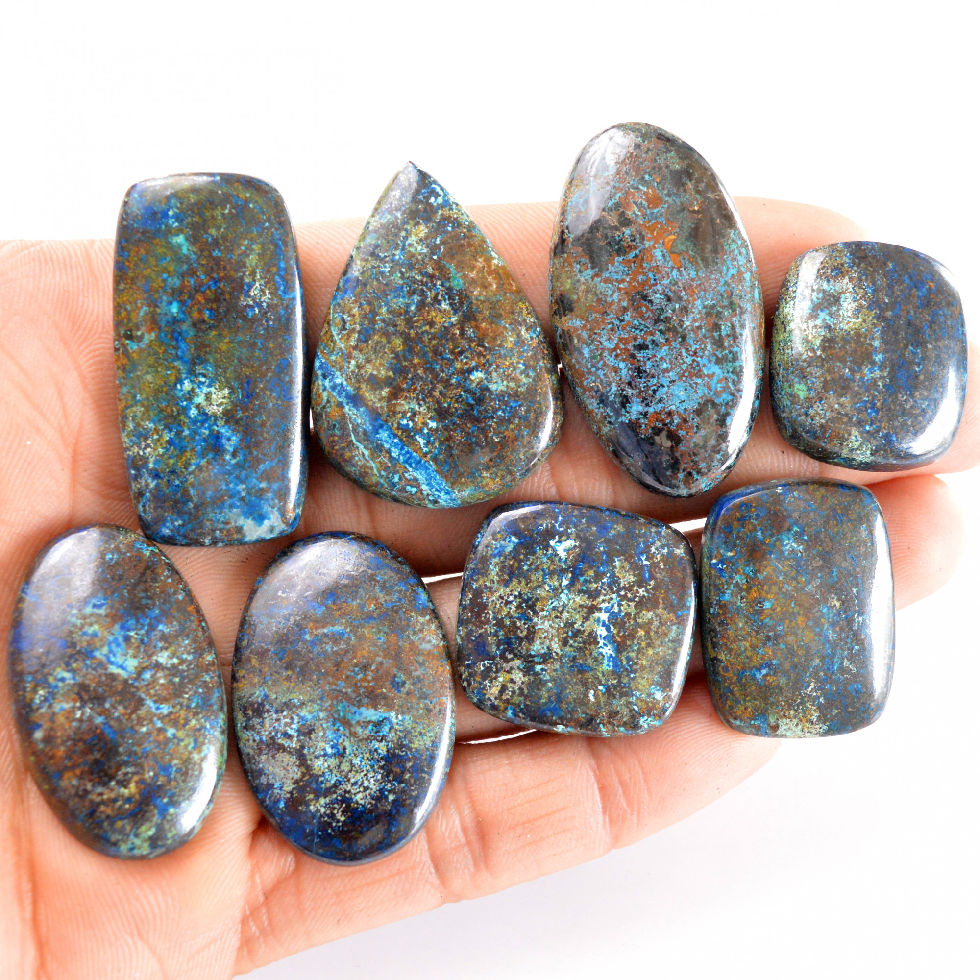 8 Pcs 364 Cts Natural Azurite Cabochon Back Unpolished Gemstone Wholesale Lot Size 24x21-40x22mm 14250