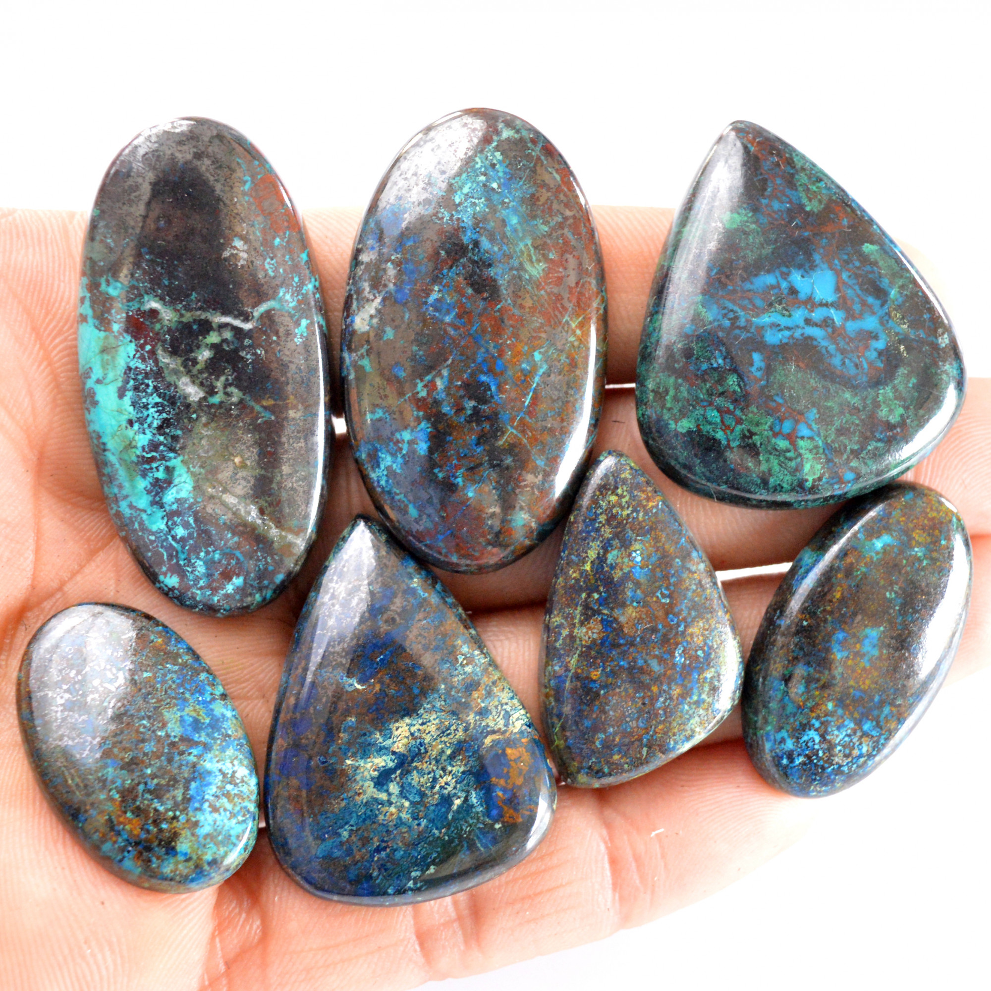 7 Pcs 380 Cts Natural Azurite Cabochon Back Unpolished Gemstone Wholesale Lot Size 28x19-46x23mm 14252