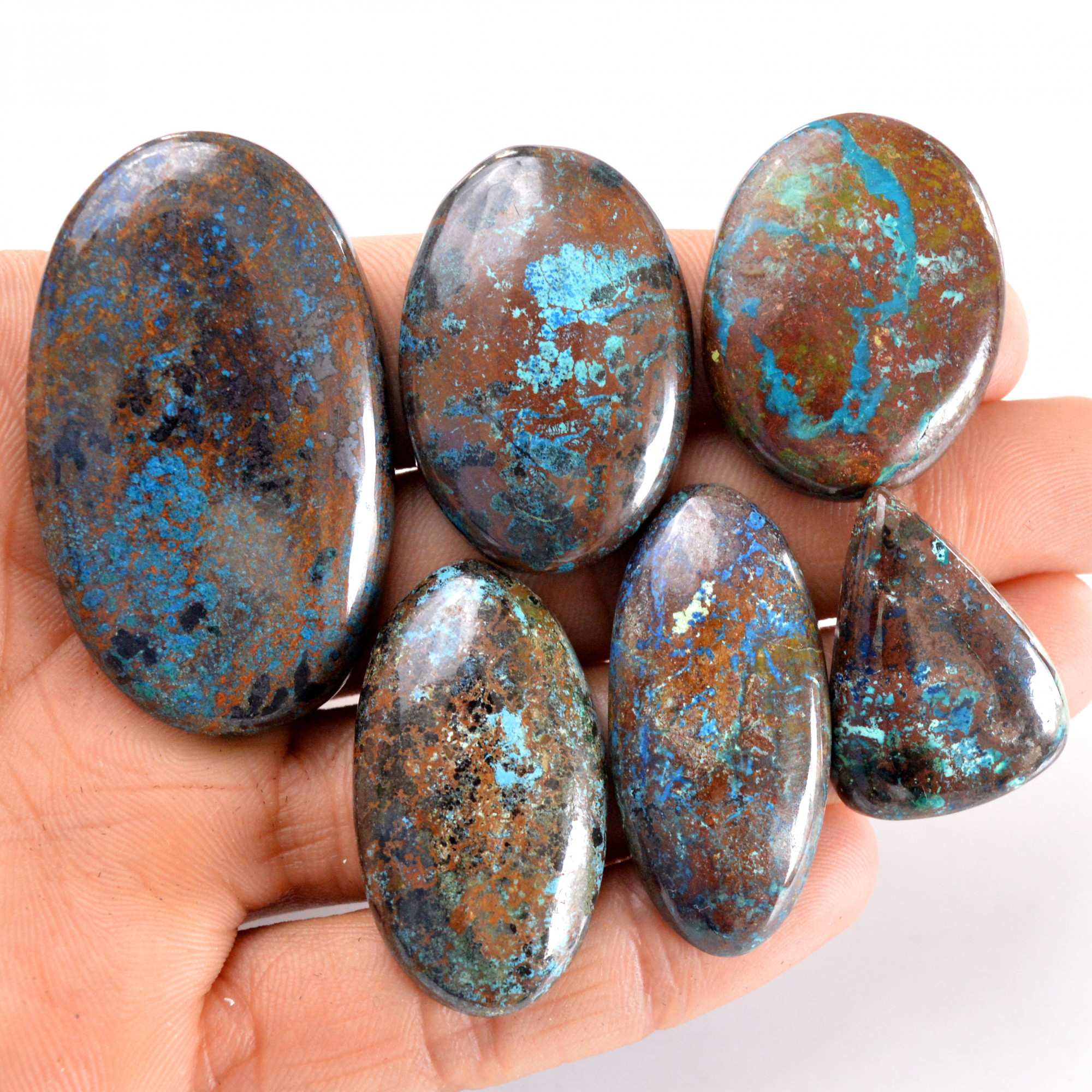 6 Pcs 402 Cts Natural Azurite Cabochon Back Unpolished Gemstone Wholesale Lot Size 29x21-51x30mm 14253