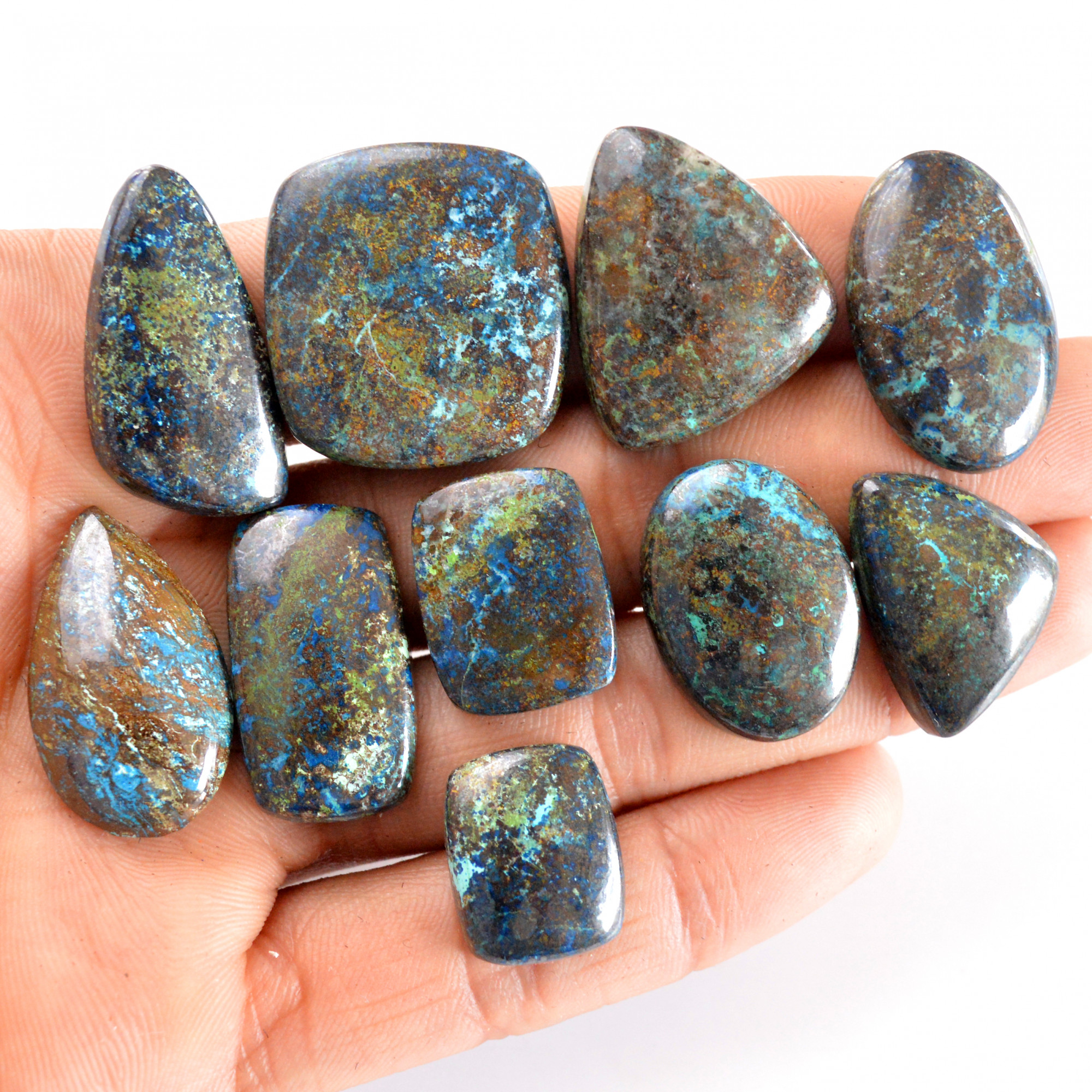 10 Pcs 244 Cts Natural Azurite Cabochon Back Unpolished Gemstone Wholesale Lot Size 18x14-27x26mm 14254