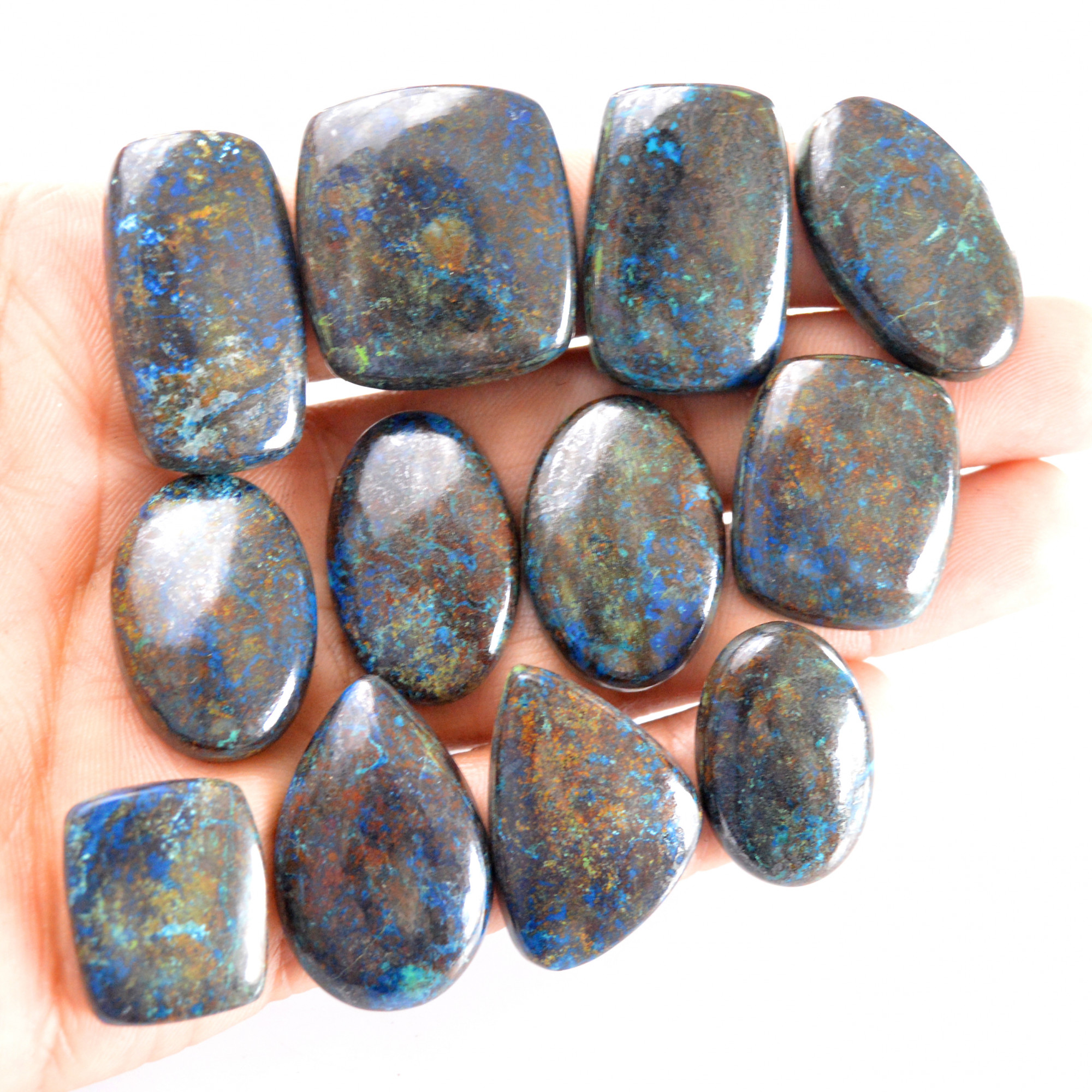 12 Pcs 422 Cts Natural Azurite Cabochon Back Unpolished Gemstone Wholesale Lot Size 25x16-32x17mm 14255