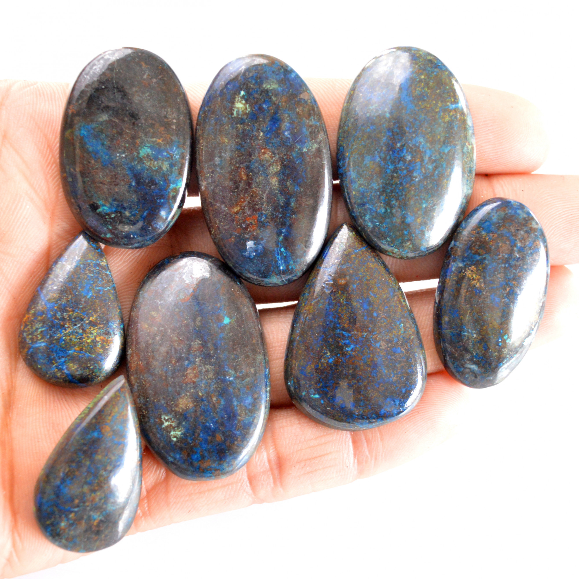 8 Pcs 351 Cts Natural Azurite Cabochon Back Unpolished Gemstone Wholesale Lot Size 27x17-40x23mm 14256