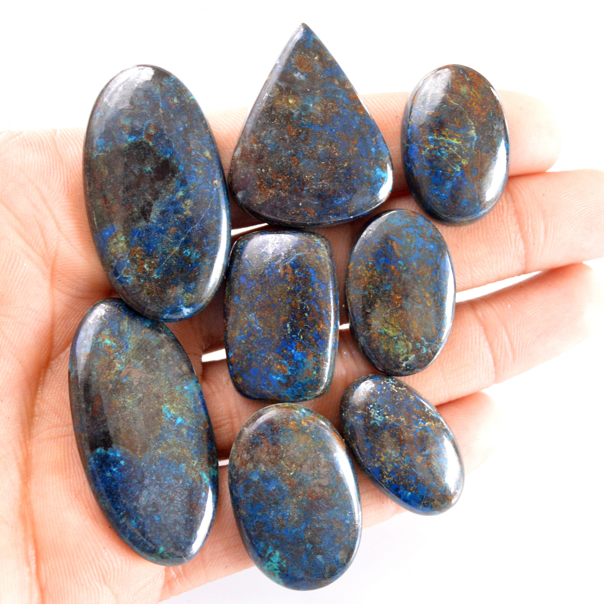 8 Pcs 335 Cts Natural Azurite Cabochon Back Unpolished Gemstone Wholesale Lot Size 27x18-44x21mm 14257