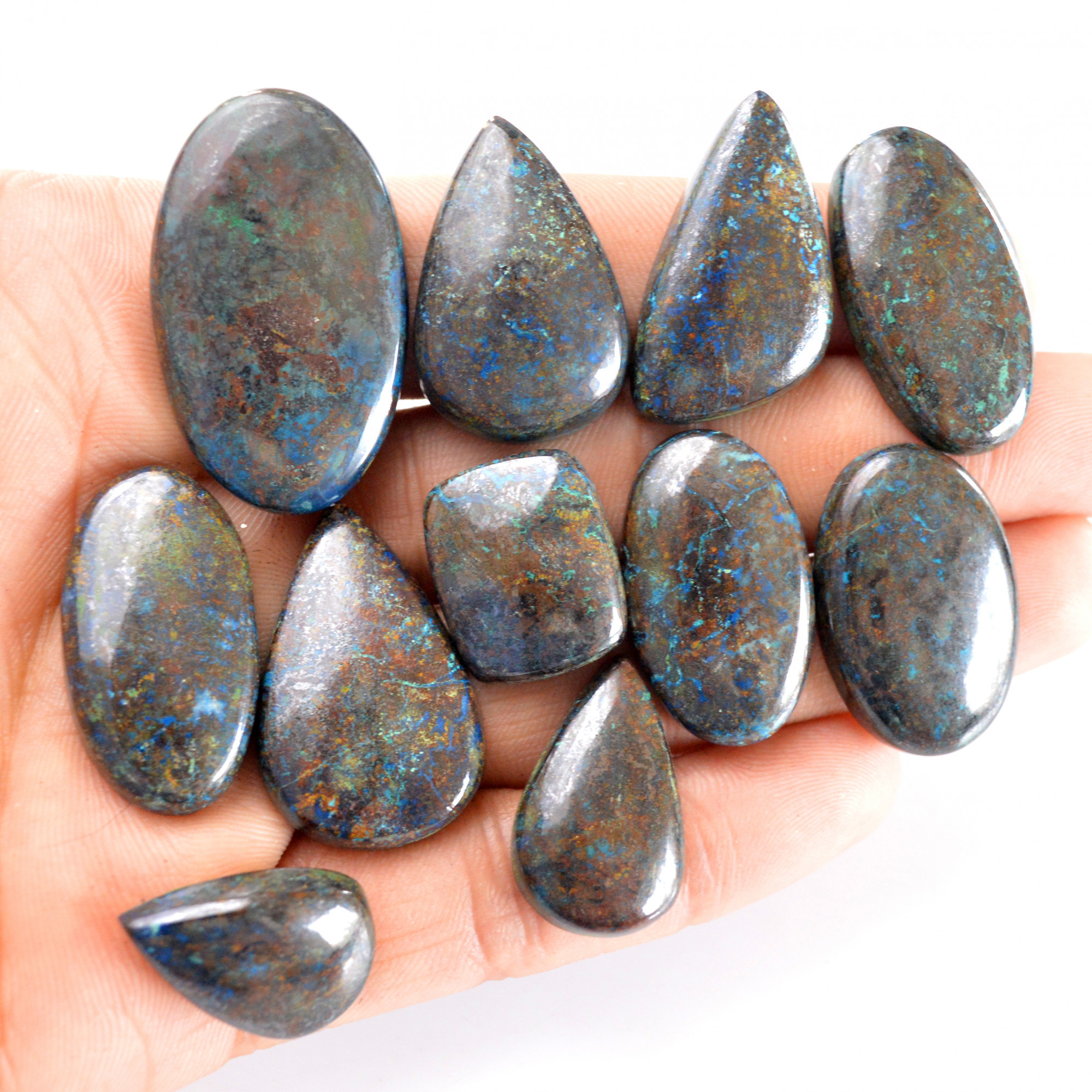 11 Pcs 323 Cts Natural Azurite Cabochon Back Unpolished Gemstone Wholesale Lot Size 21x15-37x22mm R-14258