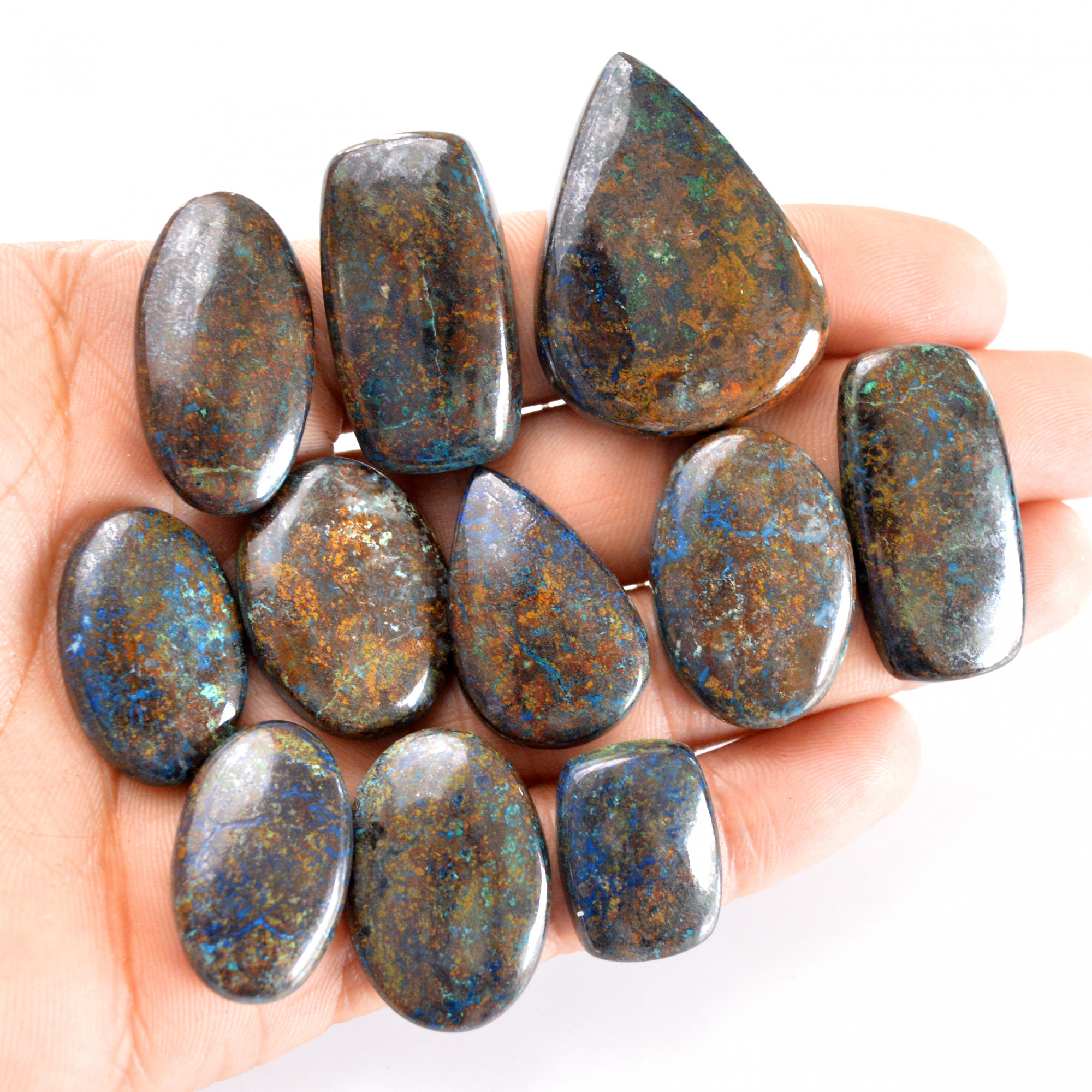 11 Pcs 399 Cts Natural Azurite Cabochon Back Unpolished Gemstone Wholesale Lot Size 21x15-40x30mm 14260