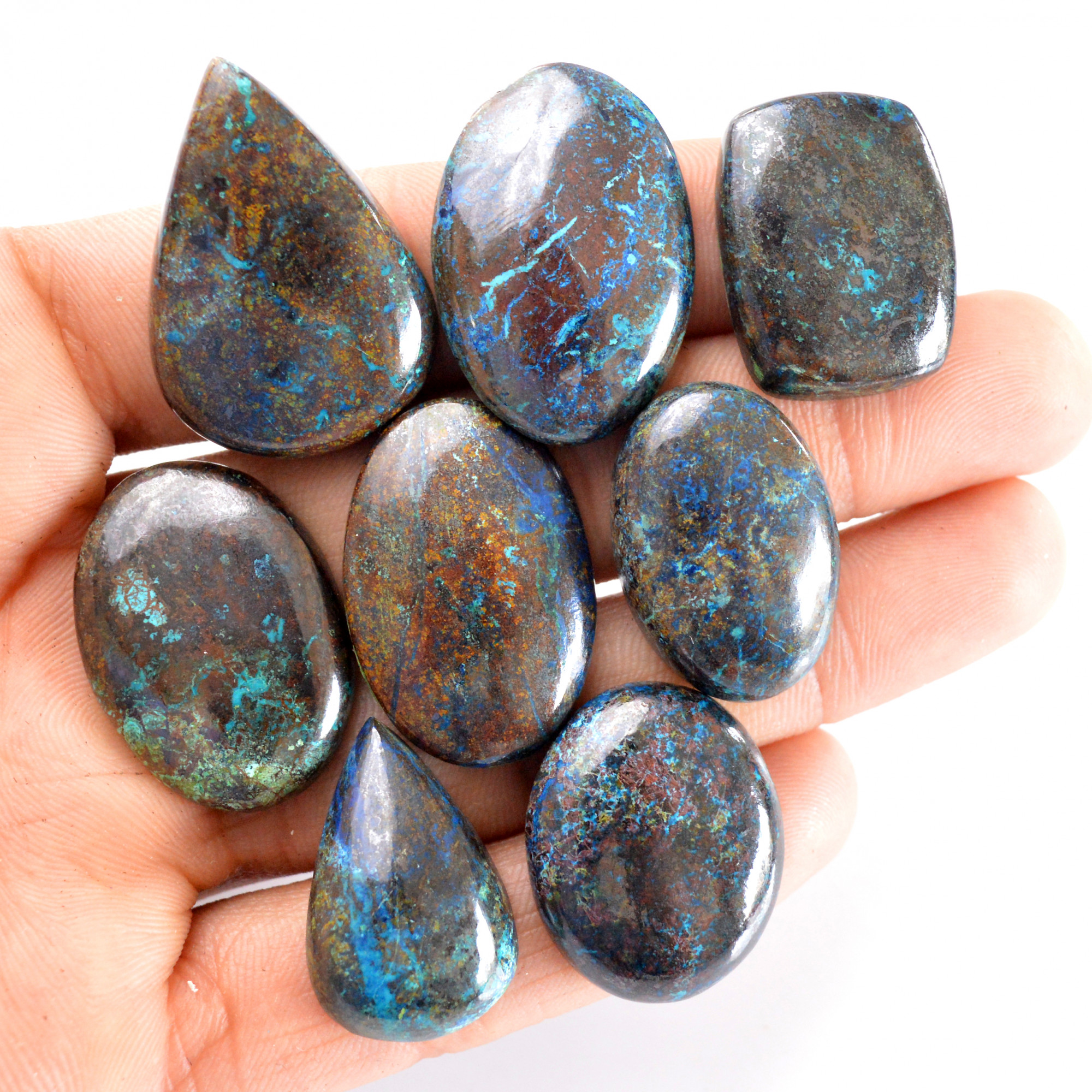 8 Pcs 274 Cts Natural Azurite Cabochon Back Unpolished Gemstone Wholesale Lot Size 25x16-32x23mm 14261
