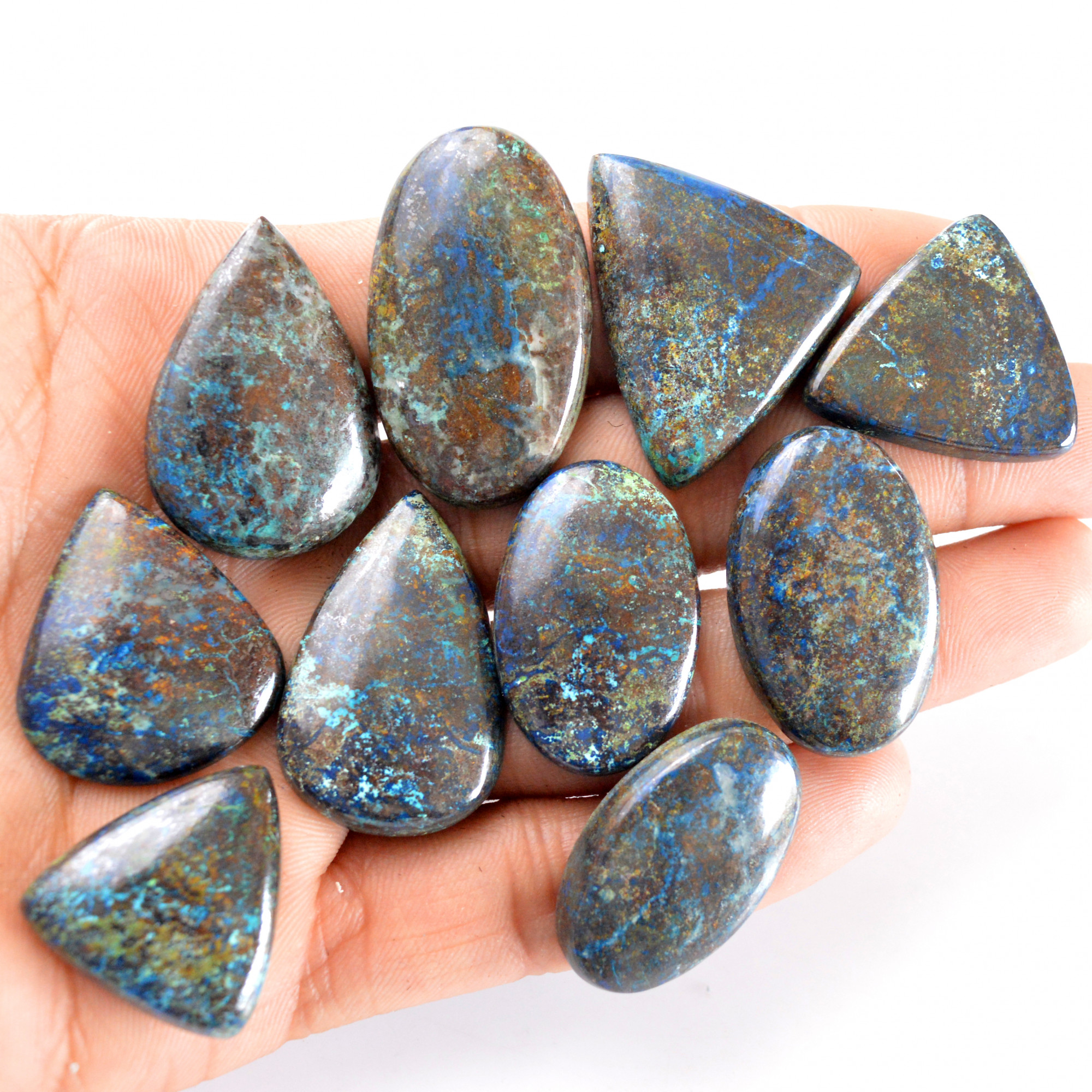 10 Pcs 344 Cts Natural Azurite Cabochon Back Unpolished Gemstone Wholesale Lot Size 28x18-37x21mm 14263