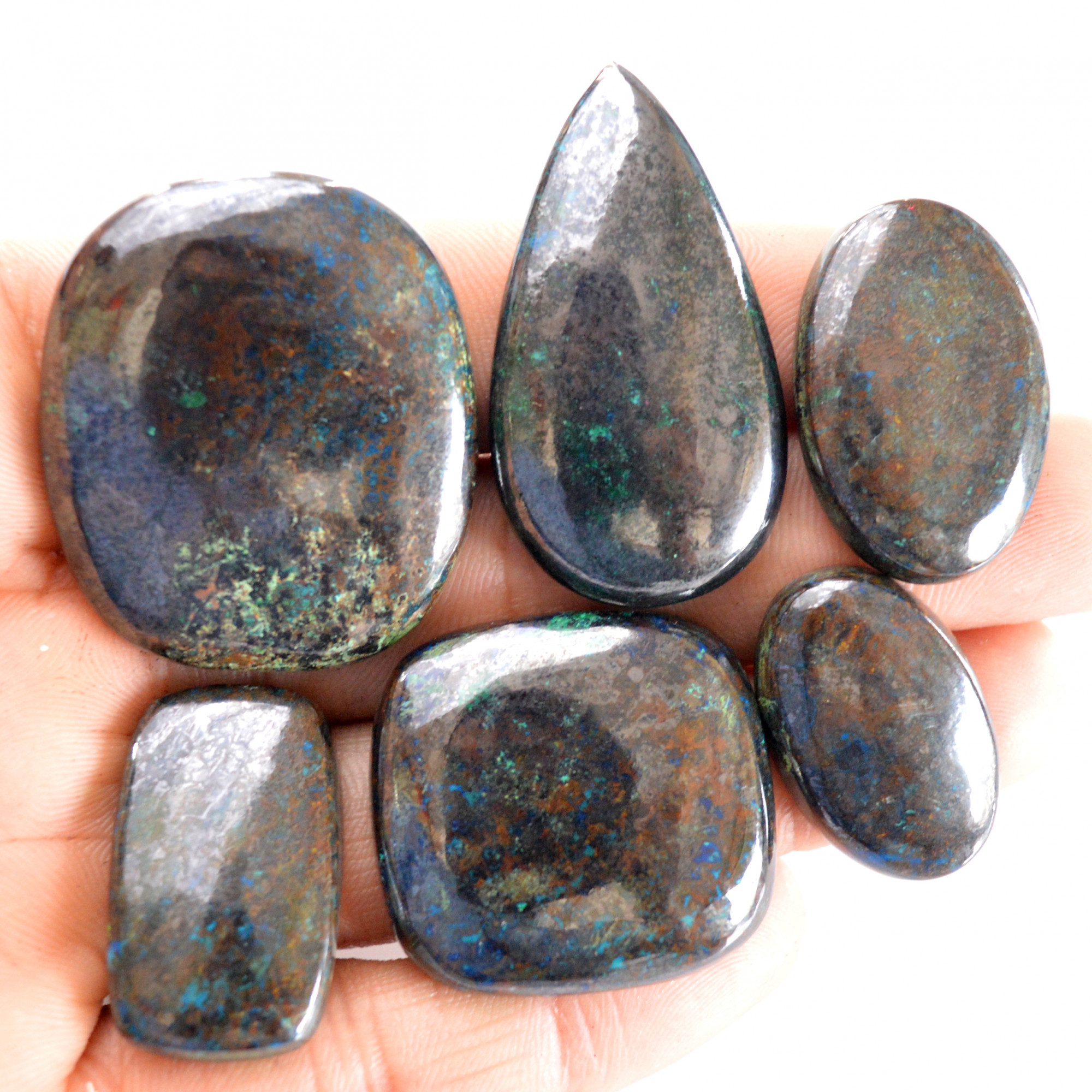 6 Pcs 381 Cts Natural Azurite Cabochon Back Unpolished Gemstone Wholesale Lot Size 26x16-37x32mm 14264