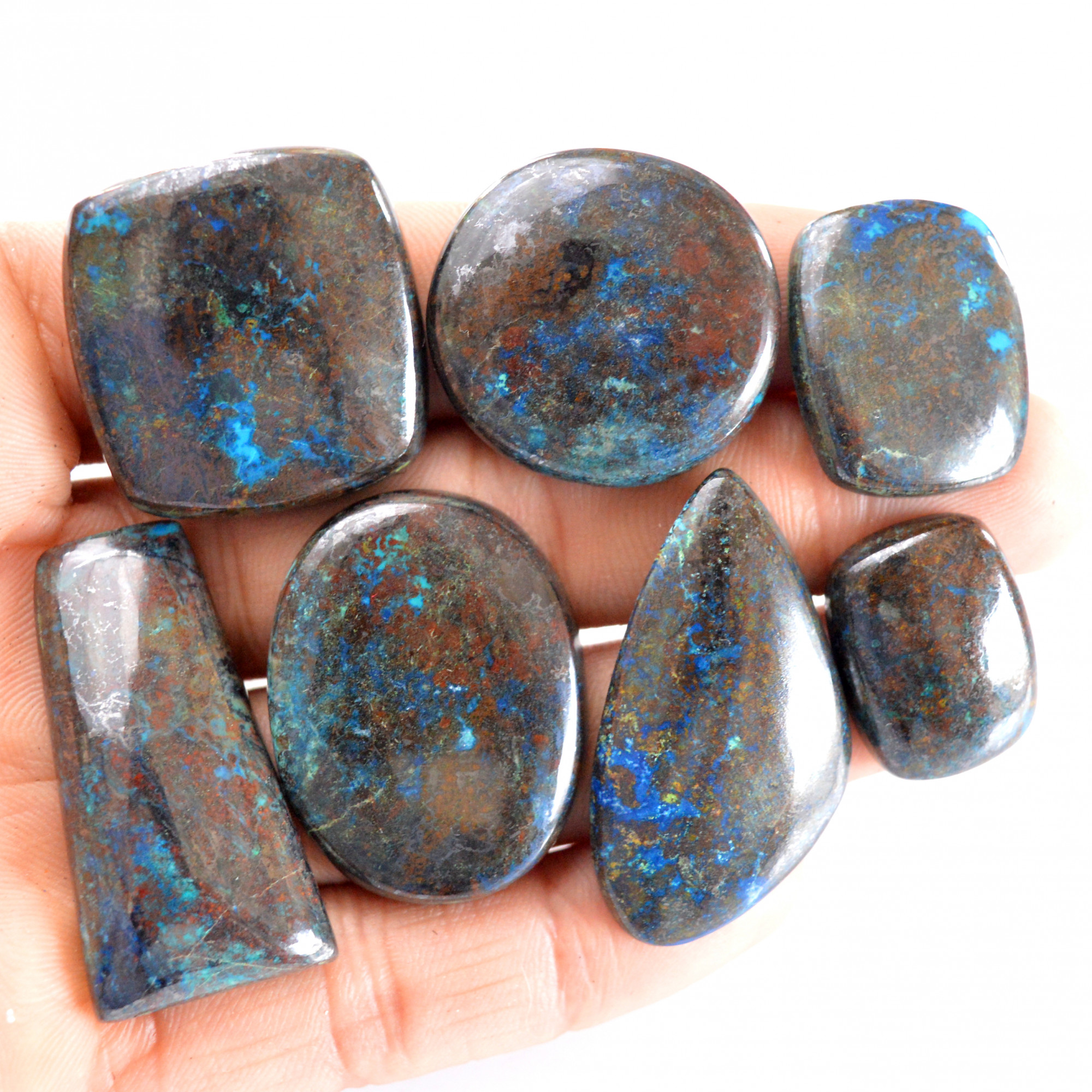 7 Pcs 331 Cts Natural Azurite Cabochon Back Unpolished Gemstone Wholesale Lot Size 21x15-29x28mm R-14267