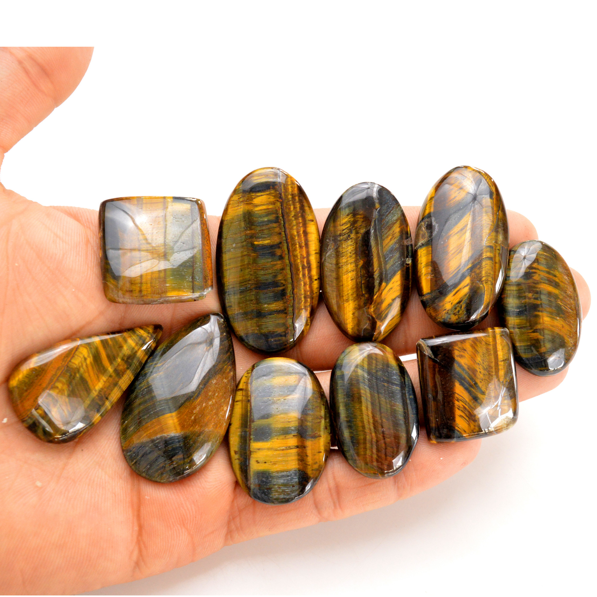 10 Pcs 444 Cts Natural Tiger Eye Cabochon Gemstone Wholesale Lot Size 31x20-45x25mm 14287
