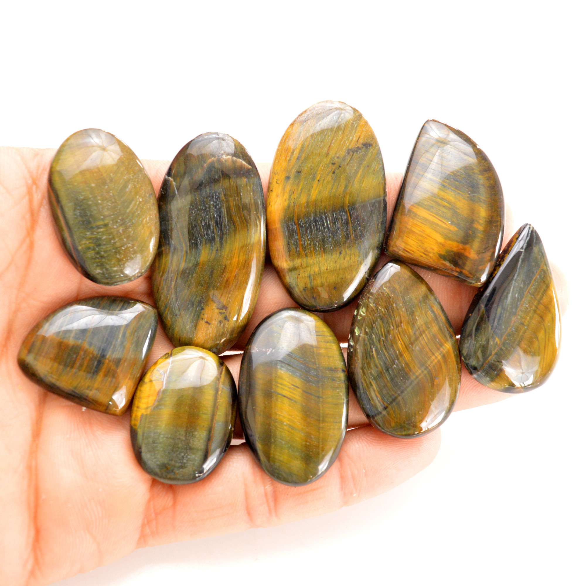 9 Pcs 343 Cts Natural Tiger Eye Cabochon Gemstone Wholesale Lot Size 26x20-43x23mm 14295