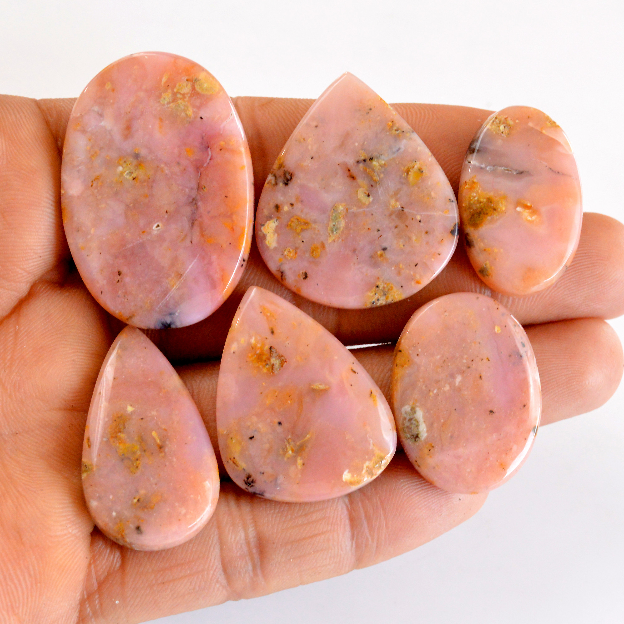 6Pcs 187Cts Natural Pink Opal Semi-Precious Gemstone Cabochon Lot Peruvian Loose Gemstone For Silver Jewelry and Pendants 37x25 25x15mmR-14365