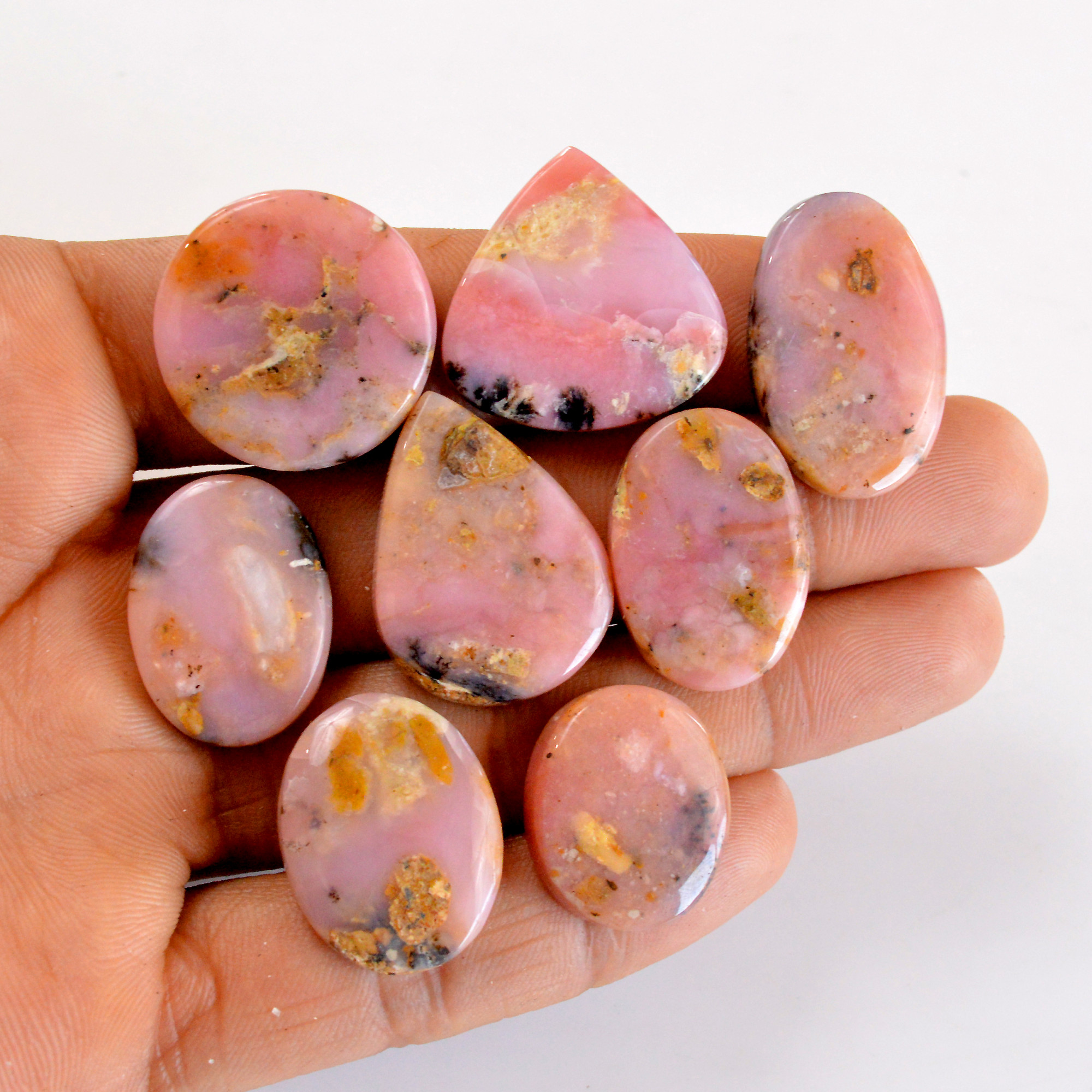 8Pcs 159Cts Natural Pink Opal Semi-Precious Gemstone Cabochon Lot Peruvian Loose Gemstone For Silver Jewelry and Pendants 25x15 20x15 mmR-14366