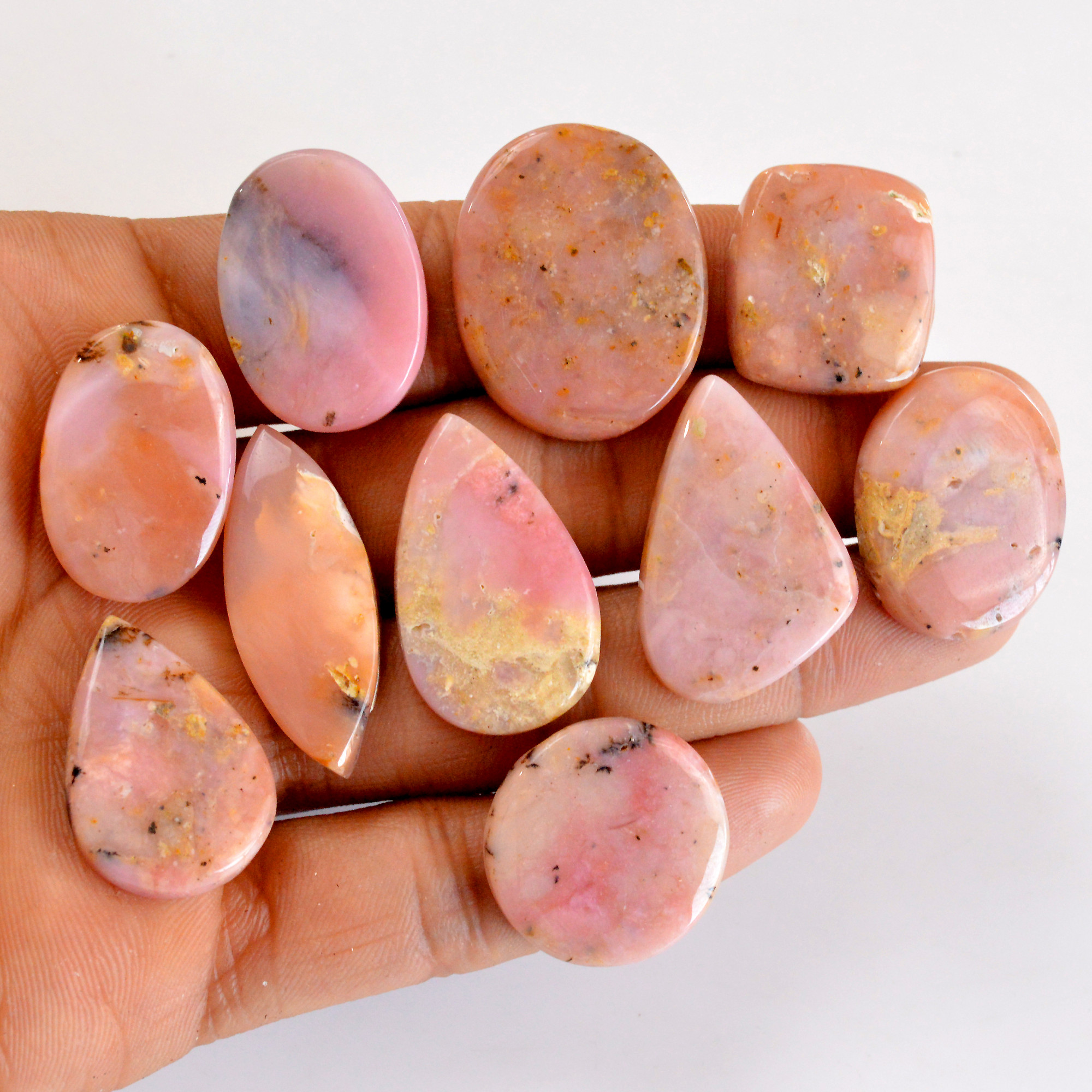 10Pcs 222Cts Natural Pink Opal Semi-Precious Gemstone Cabochon Lot Peruvian Loose Gemstone For Silver Jewelry and Pendants 29x22 20x17mmR-14368