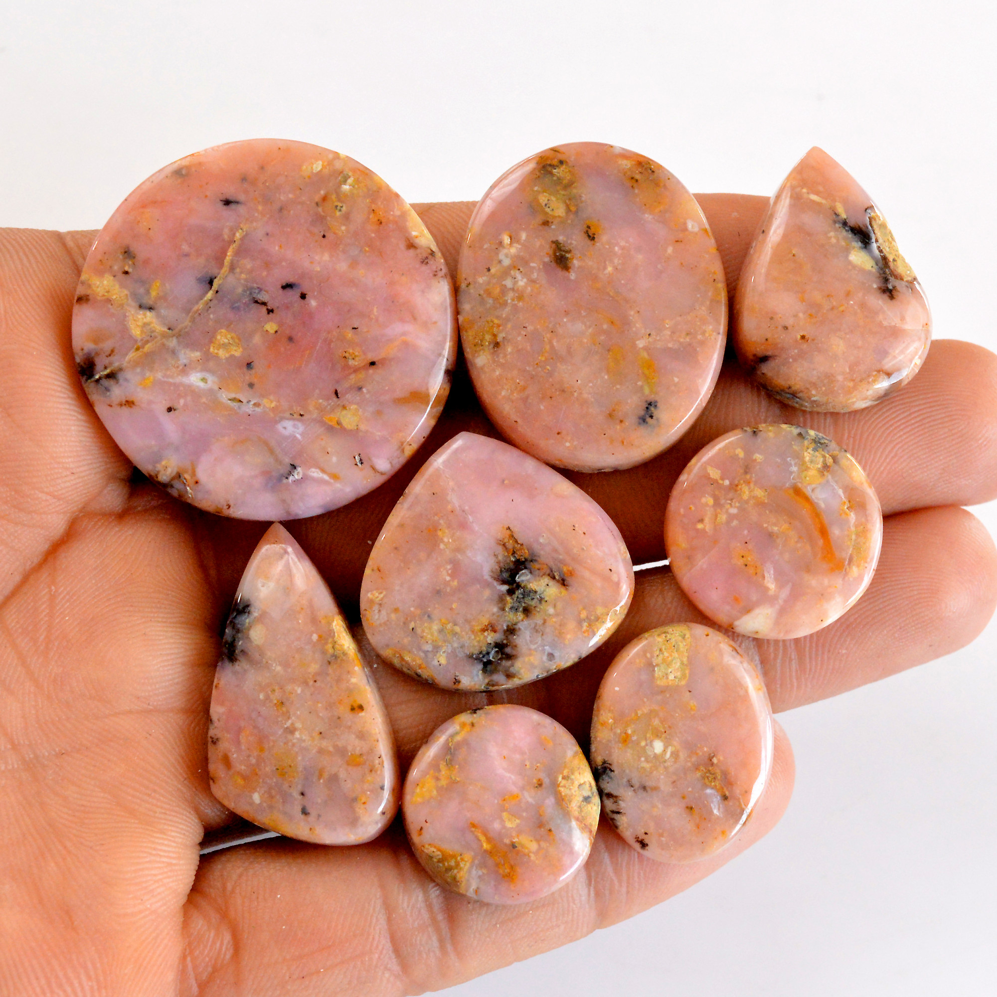 8Pcs 202Cts Natural Pink Opal Semi-Precious Gemstone Cabochon Lot Peruvian Loose Gemstone For Silver Jewelry and Pendants 32x32 15x15mmR-14369