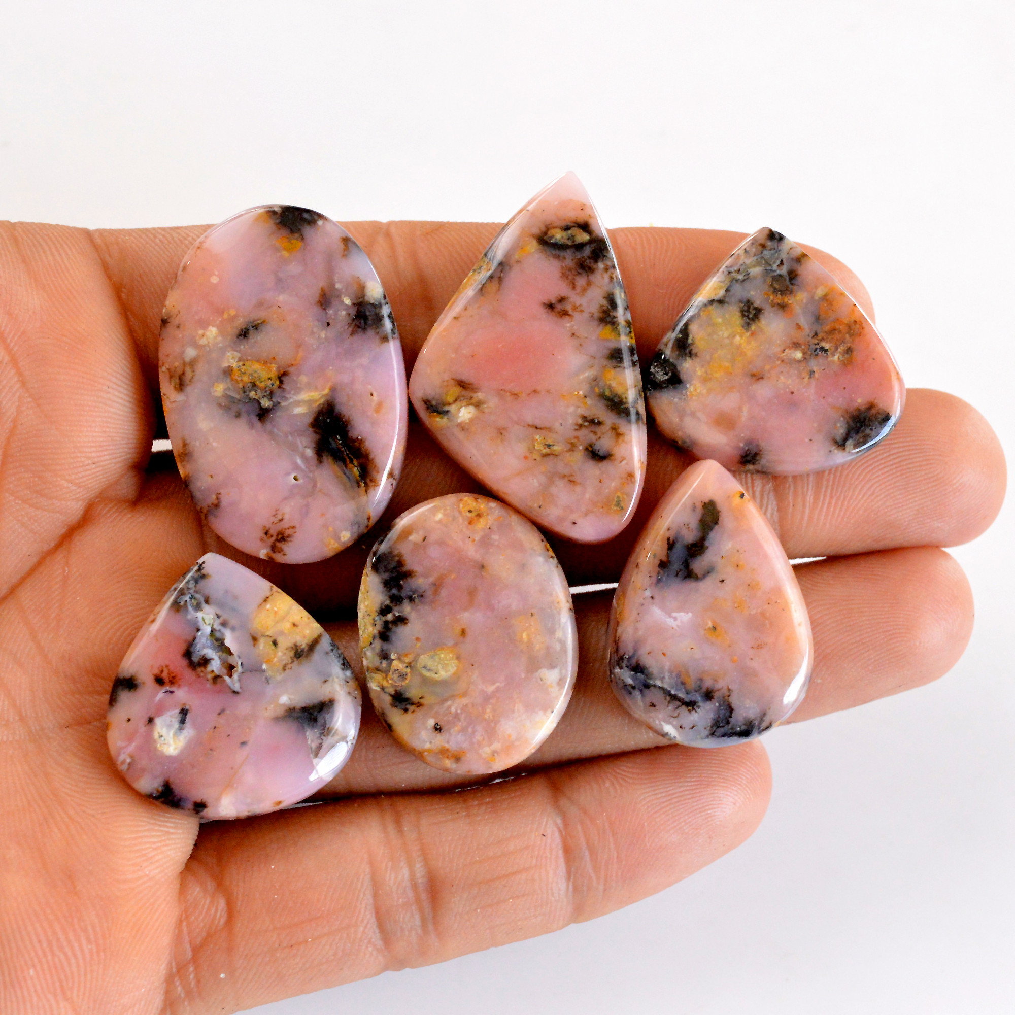 6Pcs 162Cts Natural Pink Opal Semi-Precious Gemstone Cabochon Lot Peruvian Loose Gemstone For Silver Jewelry and Pendants 32x20 25x17mmR-14370