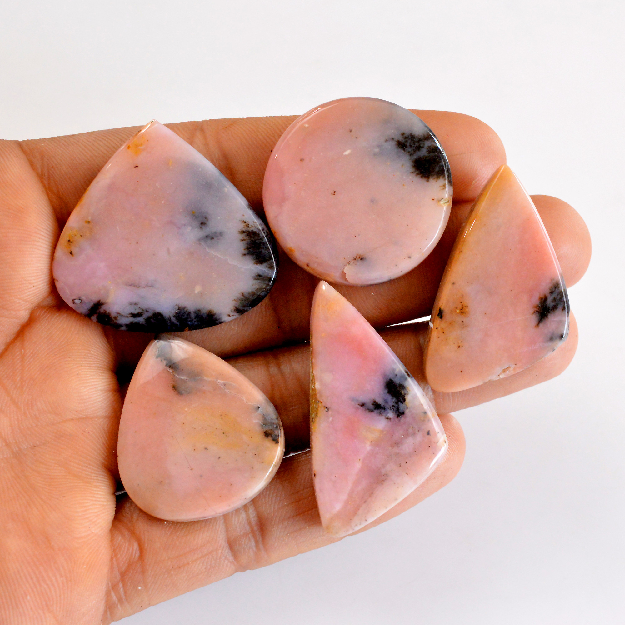 5Pcs 174Cts Natural Pink Opal Semi-Precious Gemstone Cabochon Lot Peruvian Loose Gemstone For Silver Jewelry and Pendants 34x31 29x24 mmR-14371