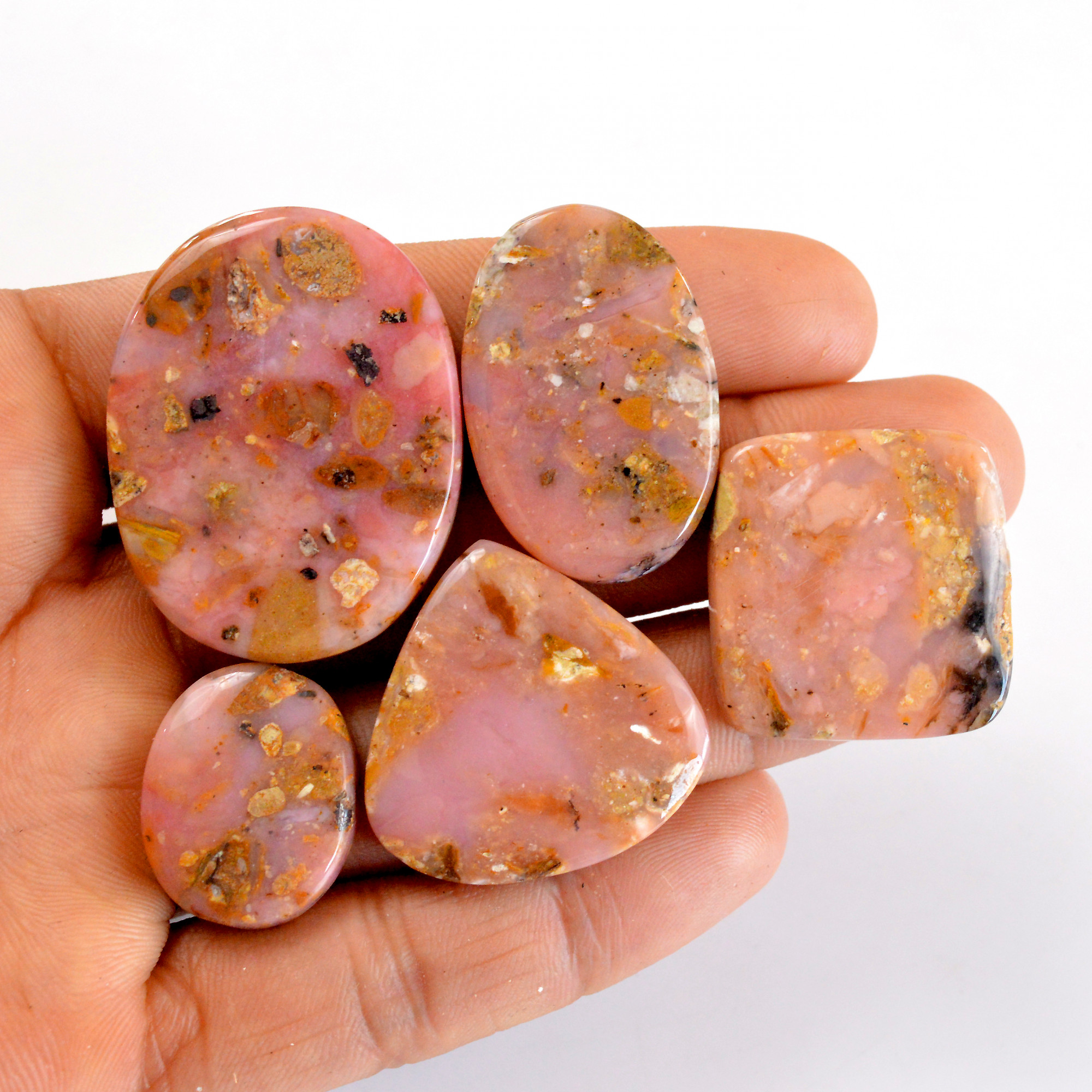 5Pcs 197Cts Natural Pink Opal Semi-Precious Gemstone Cabochon Lot Peruvian Loose Gemstone For Silver Jewelry and Pendants 38x29 21x16 mmR-14373