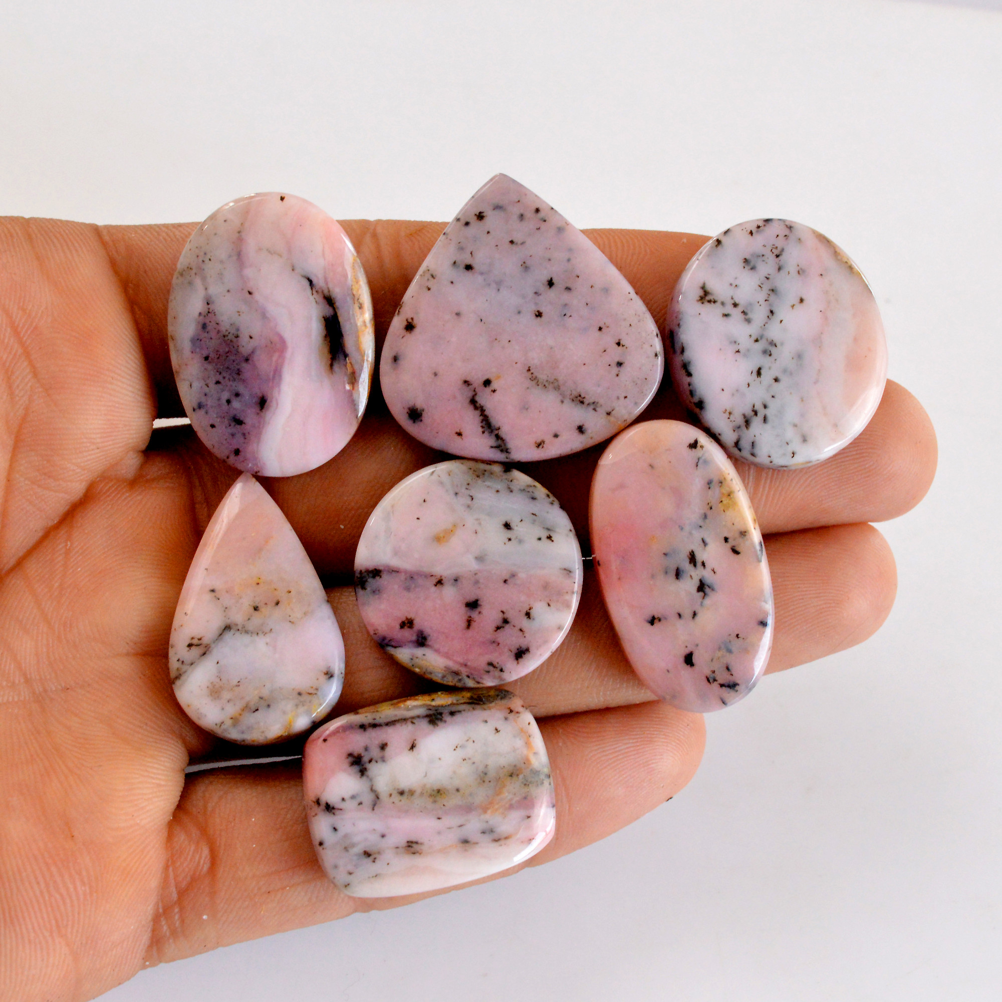 7Pcs 189Cts Natural Pink Opal Semi-Precious Gemstone Cabochon Lot Peruvian Loose Gemstone For Silver Jewelry and Pendants 28x28 27x16mmR-14374