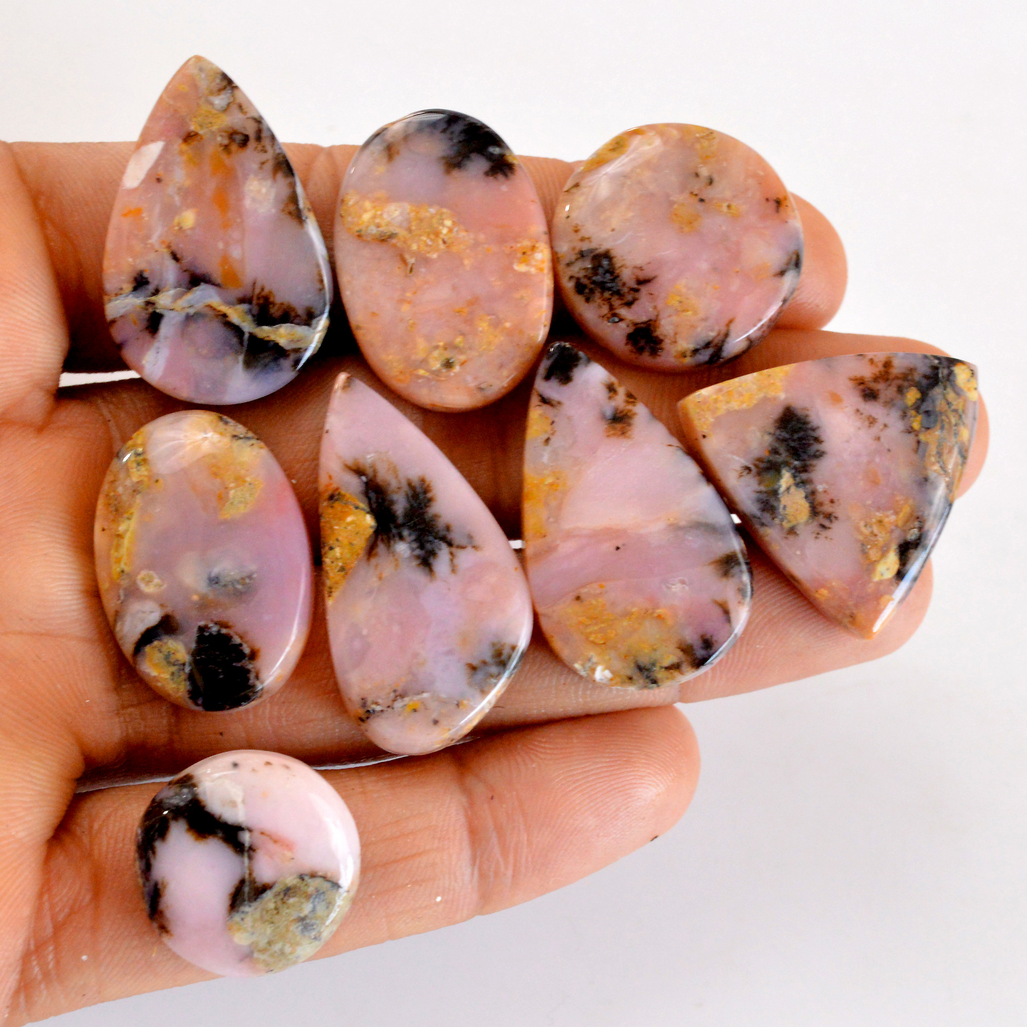 8Pcs 180Cts Natural Pink Opal Semi-Precious Gemstone Cabochon Lot Peruvian Loose Gemstone For Silver Jewelry and Pendants 30x16 16x16mmR-14375