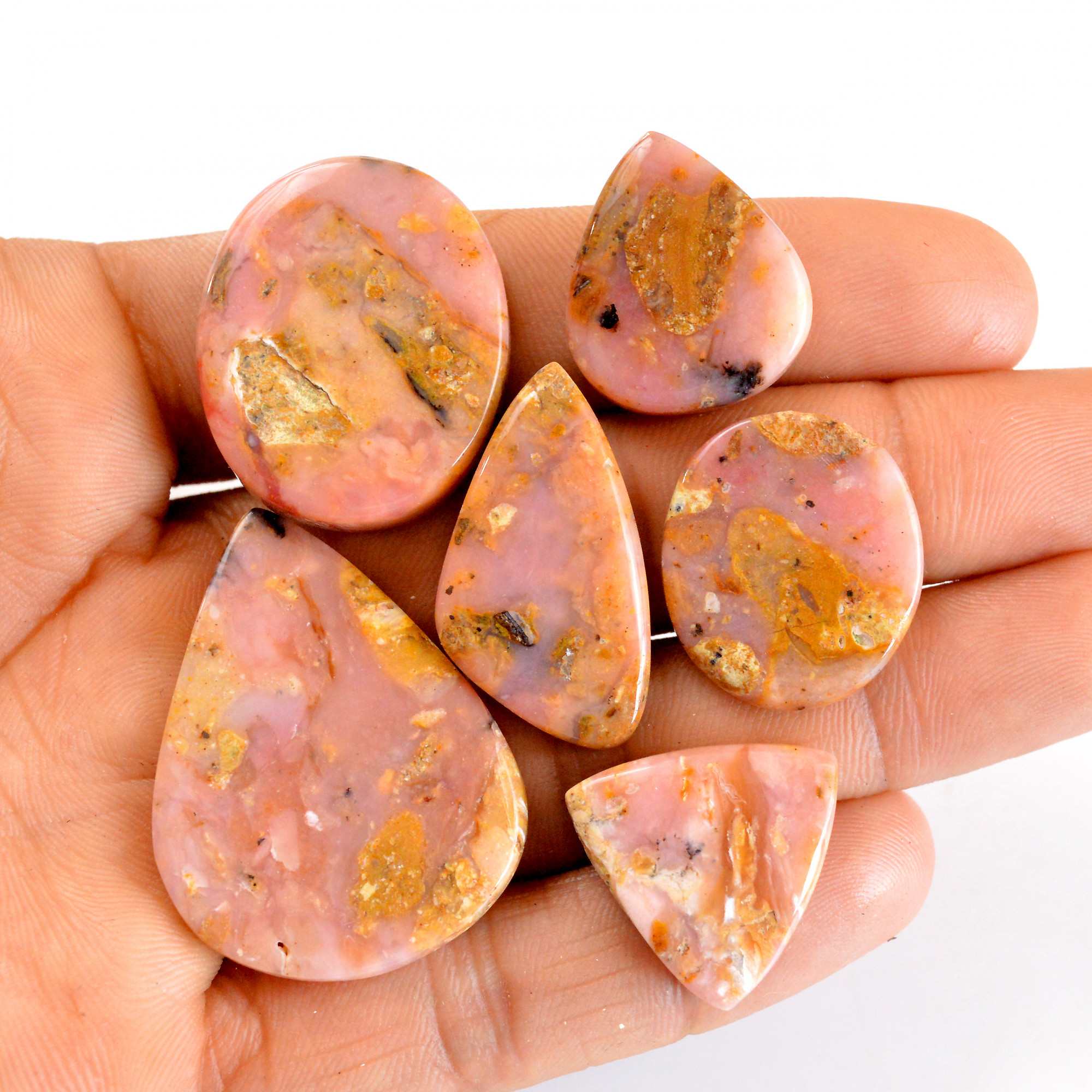 6Pcs 145Cts Natural Pink Opal Semi-Precious Gemstone Cabochon Lot Peruvian Loose Gemstone For Silver Jewelry and Pendants 37x26 20x18mmR-14376