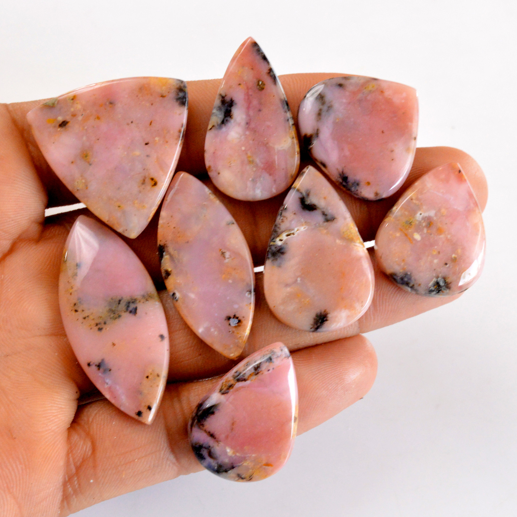 8Pcs 189Cts Natural Pink Opal Semi-Precious Gemstone Cabochon Lot Peruvian Loose Gemstone For Silver Jewelry and Pendants 40x15 25x18mmR-14377