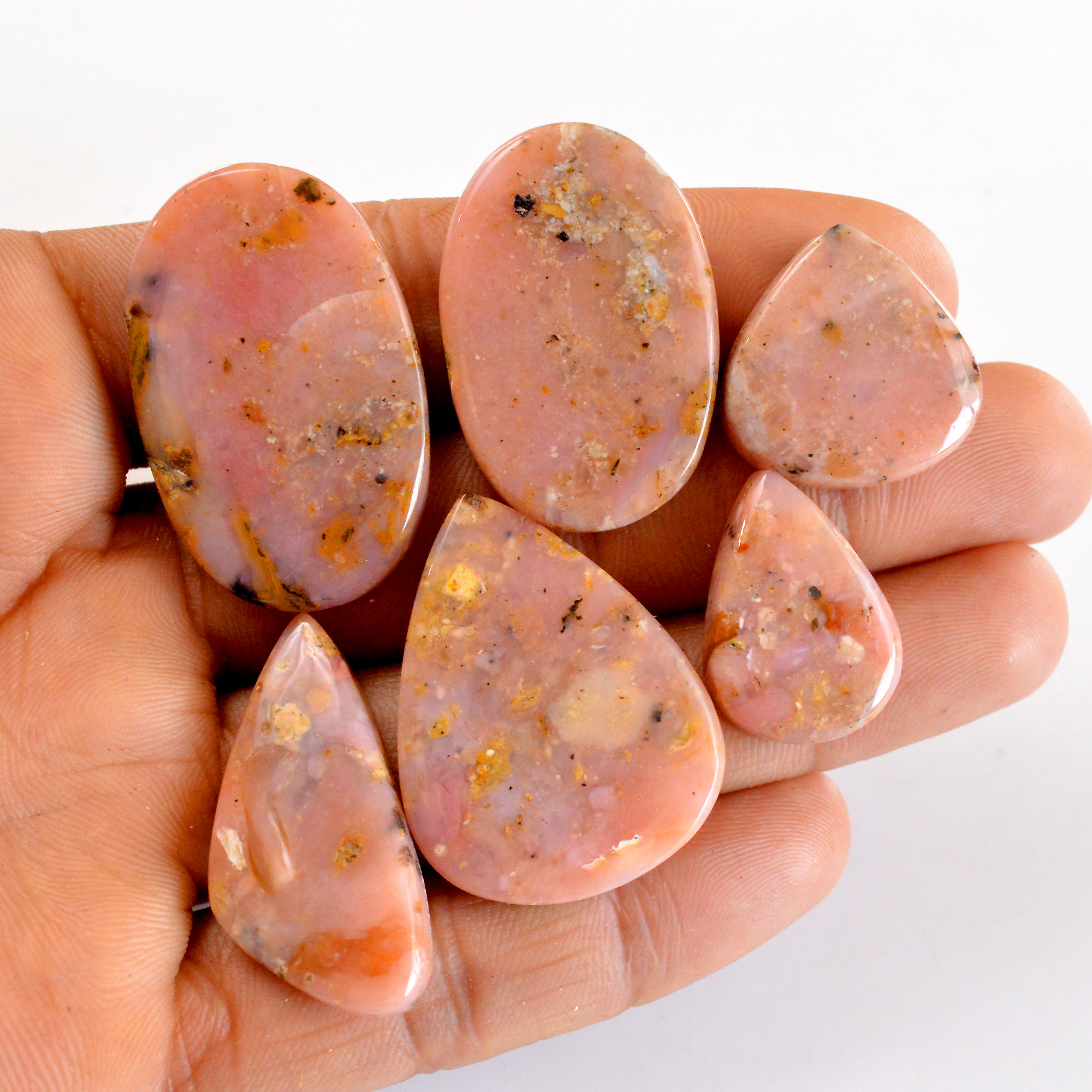 6Pcs 157Cts Natural Pink Opal Semi-Precious Gemstone Cabochon Lot Peruvian Loose Gemstone For Silver Jewelry and Pendants 35x21 21x13mmR-14379