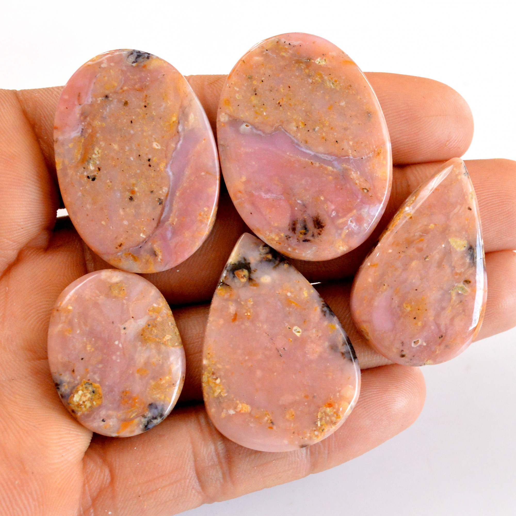 5Pcs 194Cts Natural Pink Opal Semi-Precious Gemstone Cabochon Lot Peruvian Loose Gemstone For Silver Jewelry and Pendants 35x25 25x20 mmR-14380