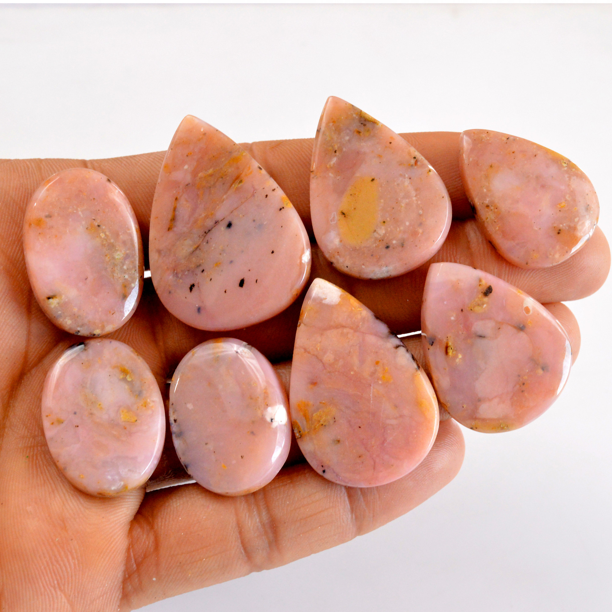 8Pcs 234Cts Natural Pink Opal Semi-Precious Gemstone Cabochon Lot Peruvian Loose Gemstone For Silver Jewelry and Pendants 36x25 25x18mmR-14381