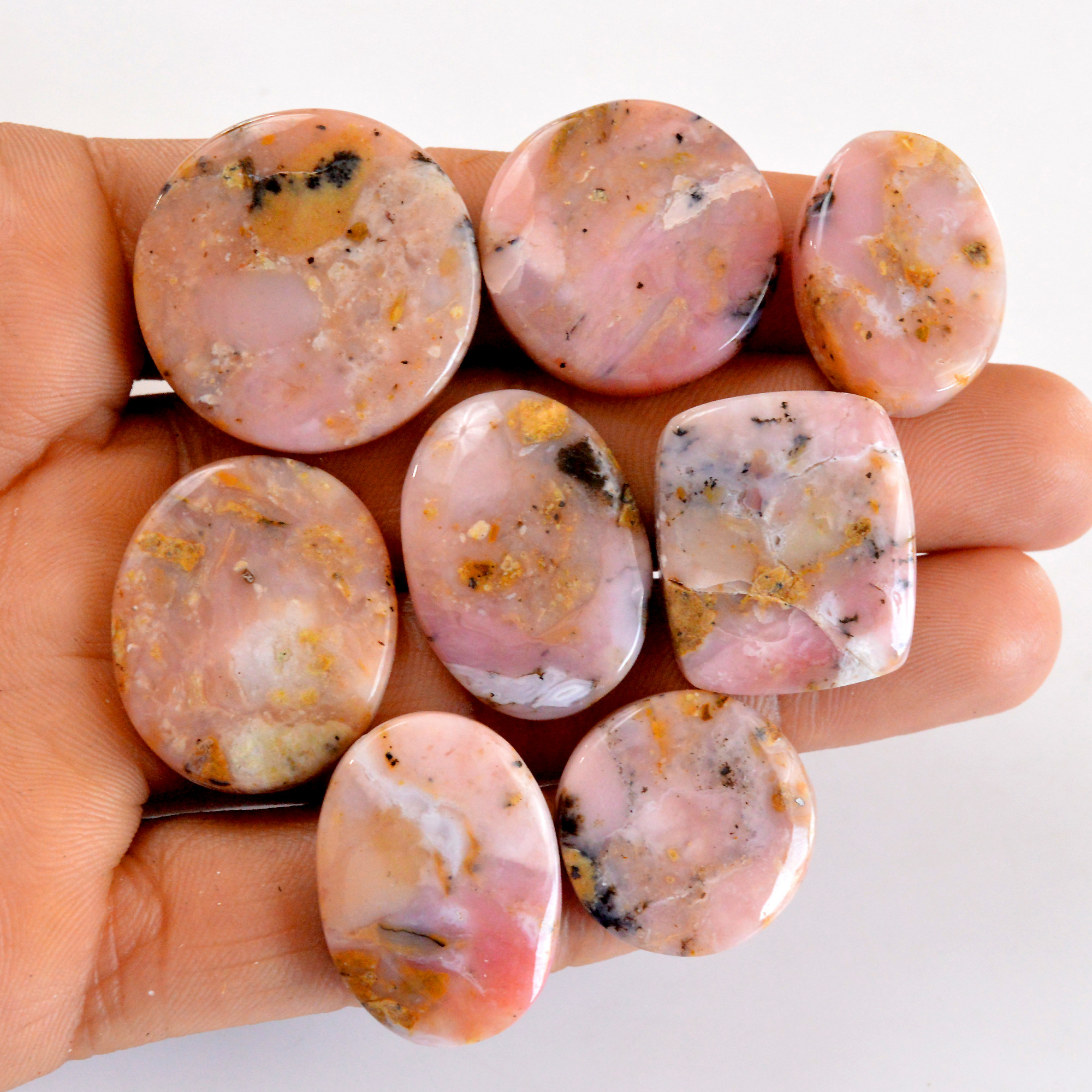 8Pcs 214Cts Natural Pink Opal Semi-Precious Gemstone Cabochon Lot Peruvian Loose Gemstone For Silver Jewelry and Pendants 26x26 20x20mmR-14383