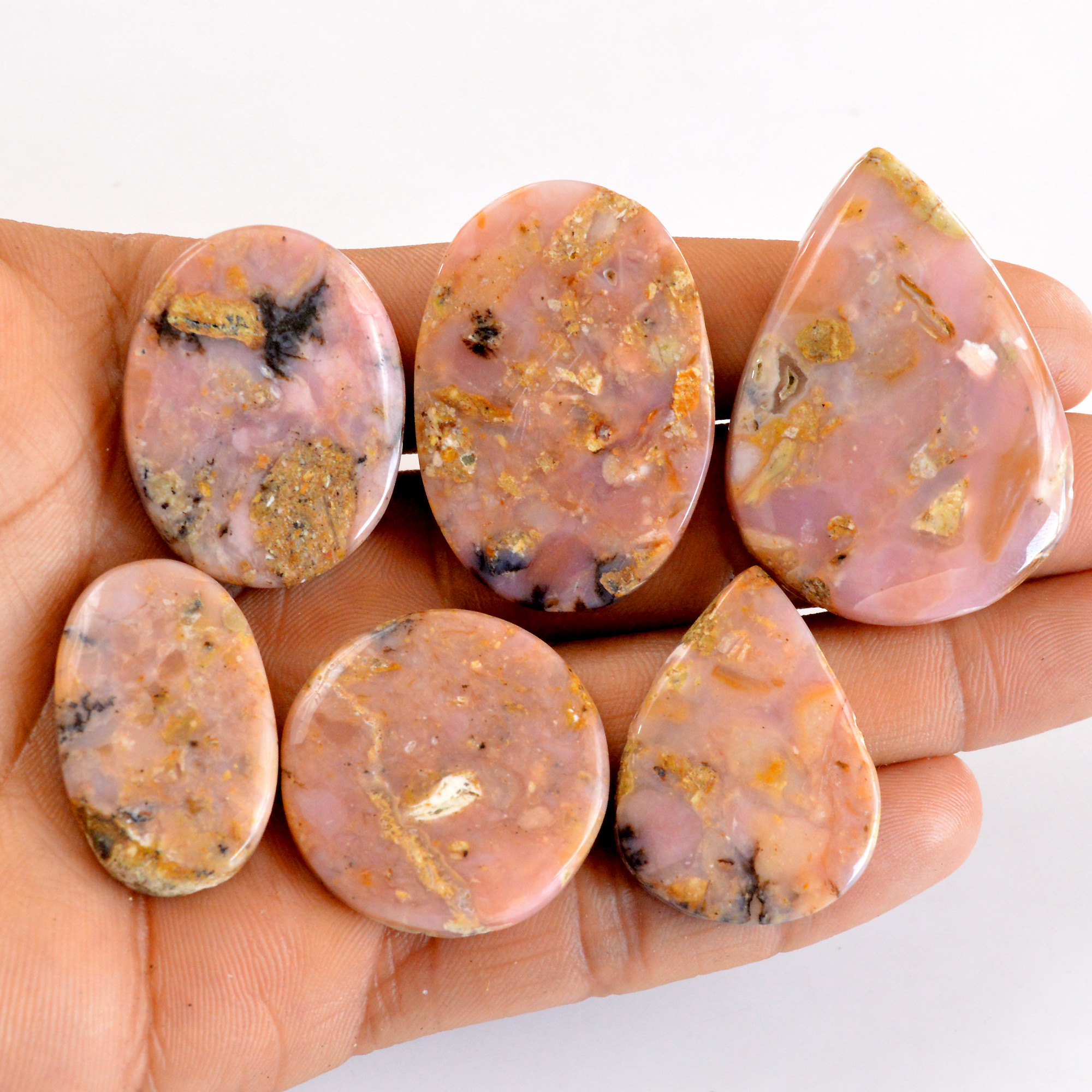 6Pcs 284Cts Natural Pink Opal Semi-Precious Gemstone Cabochon Lot Peruvian Loose Gemstone For Silver Jewelry and Pendants 45x31 30x18mmR-14384