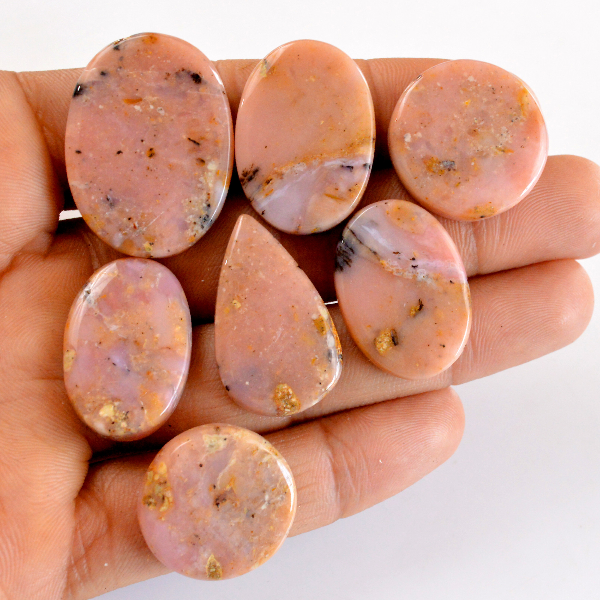 7Pcs 159Cts Natural Pink Opal Semi-Precious Gemstone Cabochon Lot Peruvian Loose Gemstone For Silver Jewelry and Pendants 30x22 20x20mmR-14385