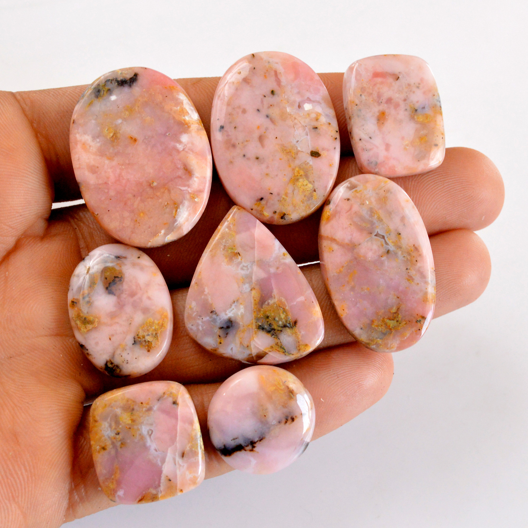8Pcs 193Cts Natural Pink Opal Semi-Precious Gemstone Cabochon Lot Peruvian Loose Gemstone For Silver Jewelry and Pendants 30x22 16x16mm14386