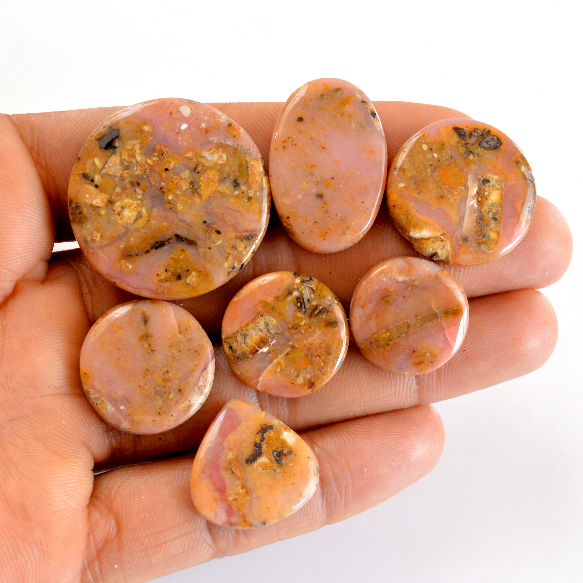 7Pcs 150Cts Natural Pink Opal Semi-Precious Gemstone Cabochon Lot Peruvian Loose Gemstone For Silver Jewelry and Pendants 30x30 16x16mmR-14387