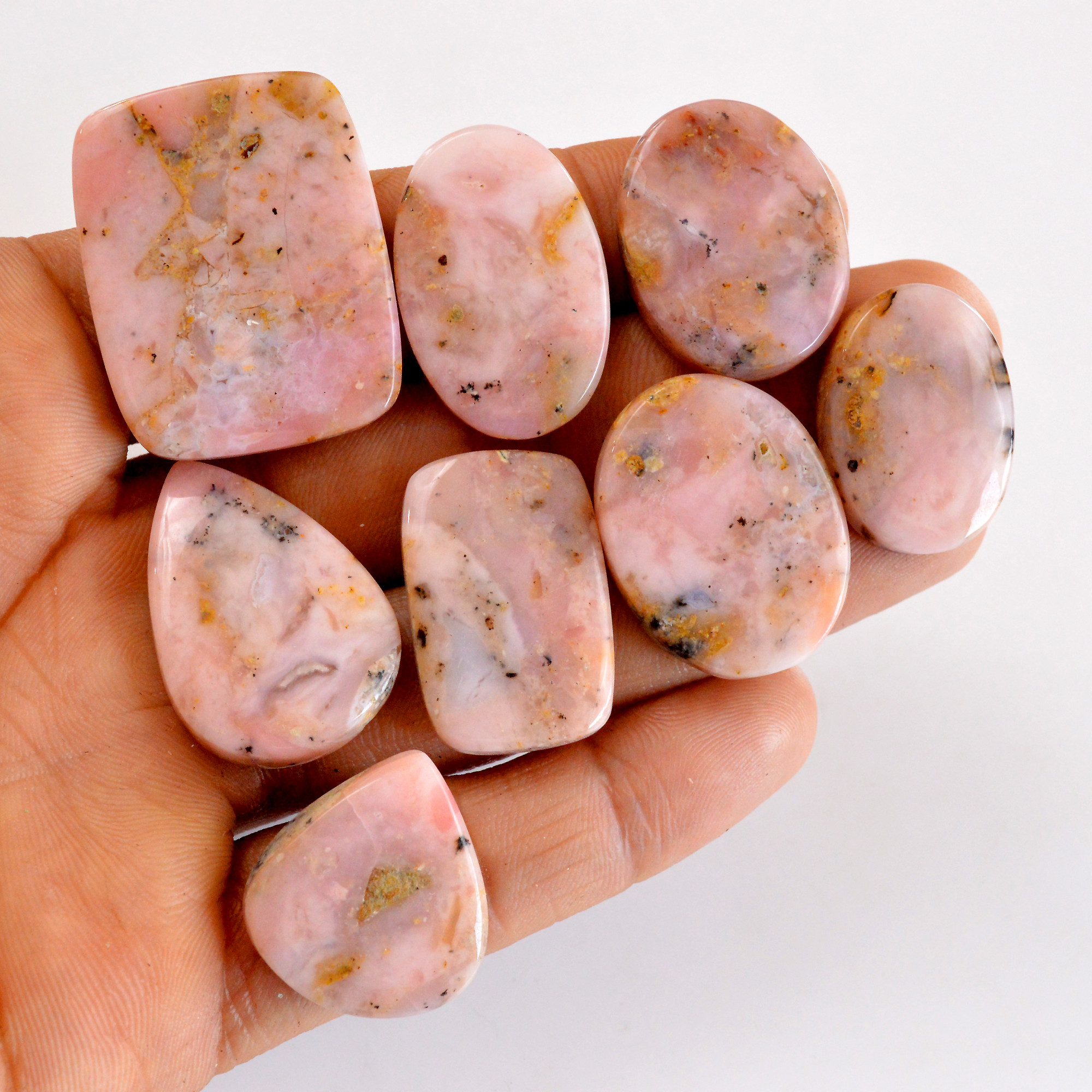 8Pcs 223Cts Natural Pink Opal Semi-Precious Gemstone Cabochon Lot Peruvian Loose Gemstone For Silver Jewelry and Pendants 33x25 22x16mmR-14388