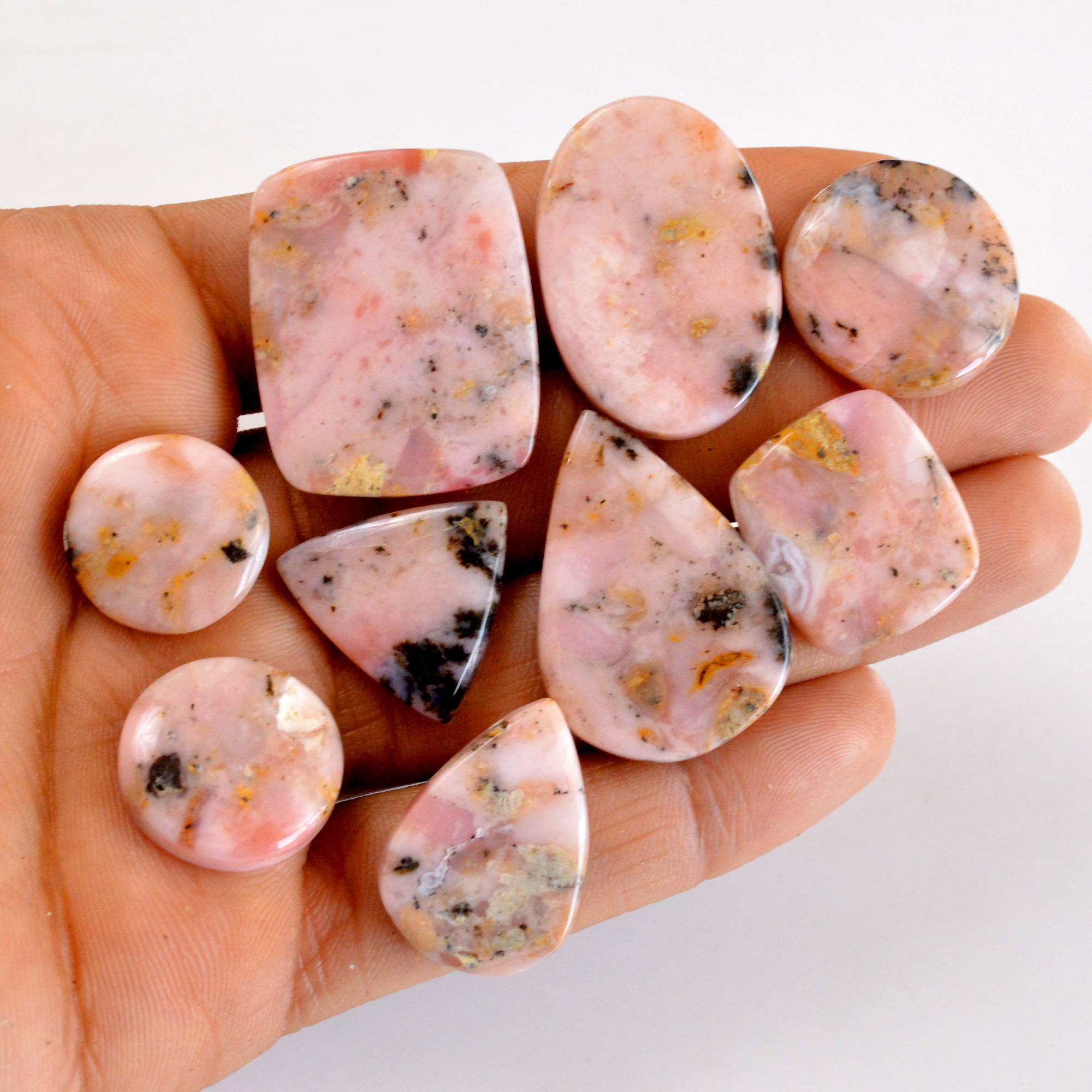 9Pcs 194Cts Natural Pink Opal Semi-Precious Gemstone Cabochon Lot Peruvian Loose Gemstone For Silver Jewelry and Pendants 30x24 16x16mmR-14389